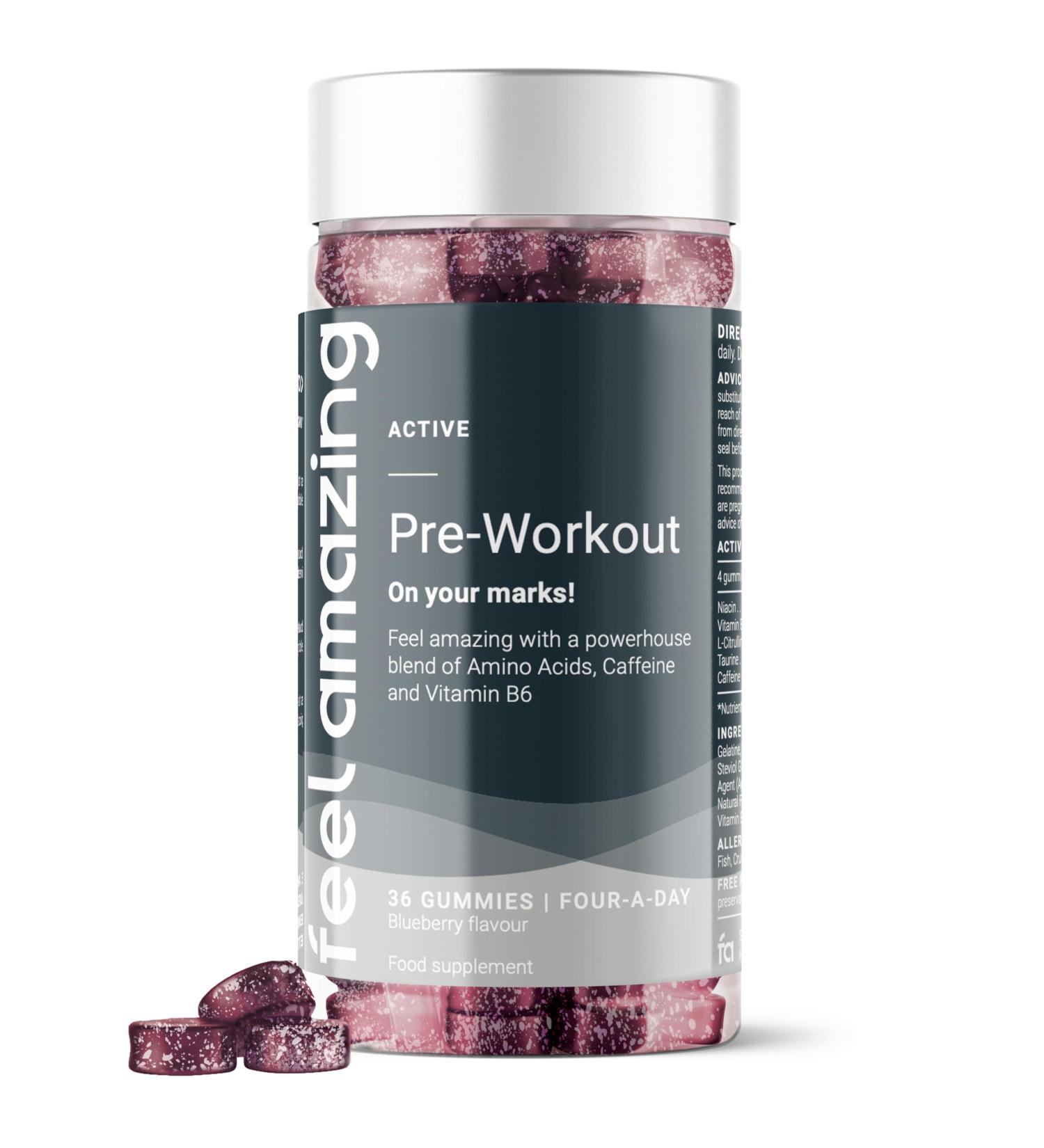 Feel Amazing Pre-Workout Gummies with Caffeine Niacin & B6 Enhanced with Amino Acids Supports Energy & Reduces Fatigue 36 Count (9+ Workout Supply) (1) - Buy Online on GoSupps.com