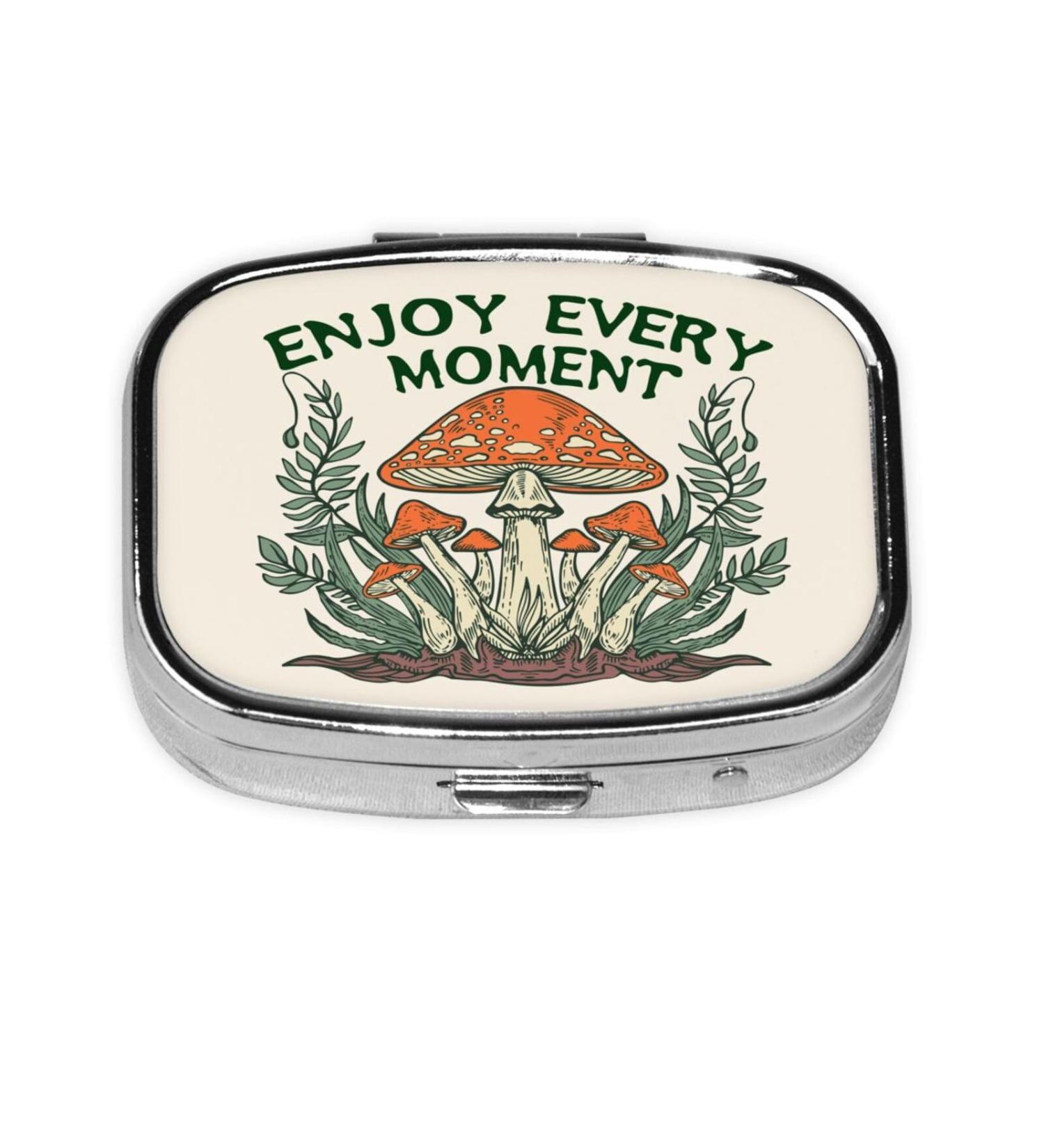 Magic Mushrooms Pill Box - 2 Compartment Mini Medicine Organizer | Portable Metal Storage for Vitamins & Medications - Buy Online on GoSupps.com