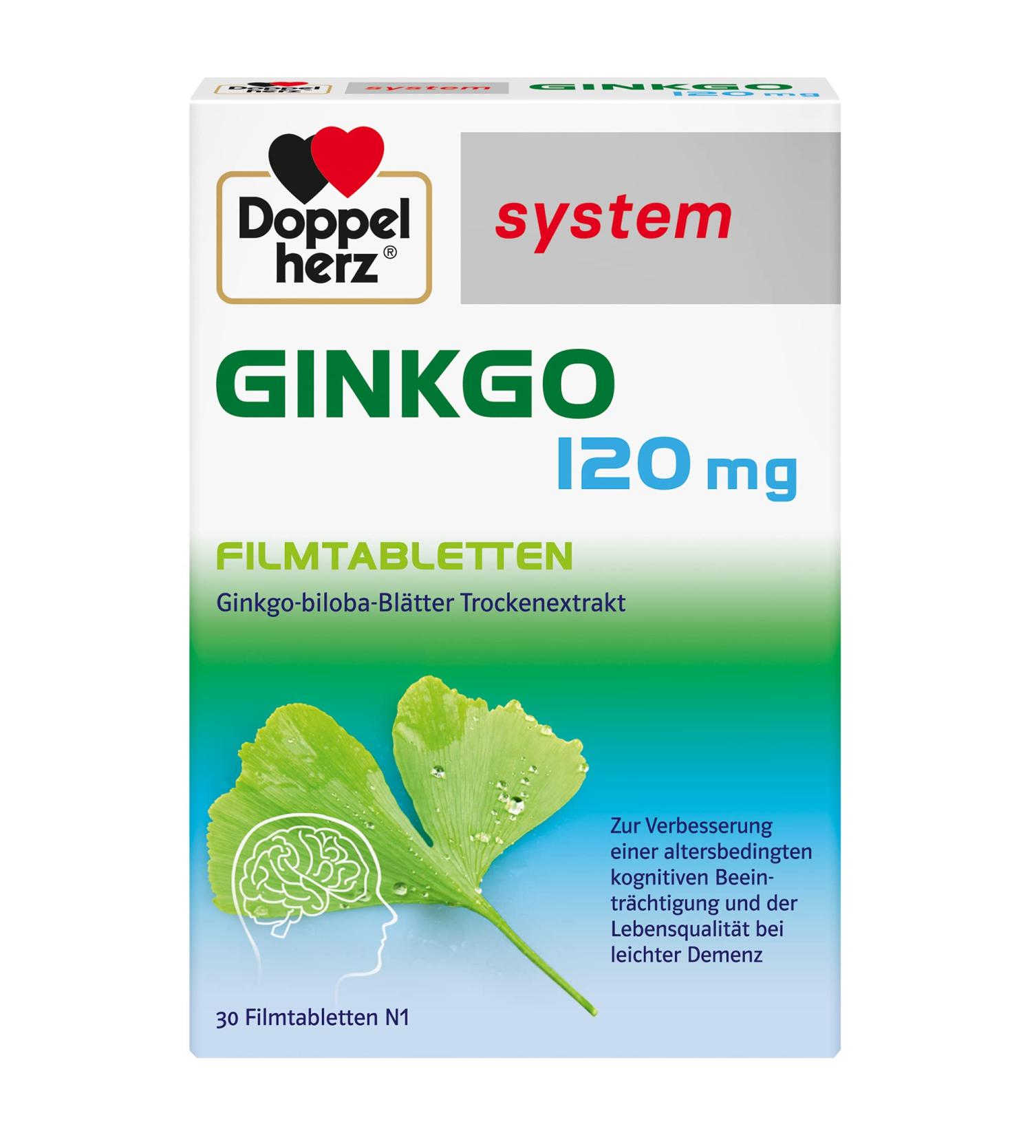 Doppelherz System Ginkgo 120 mg - Improve Cognitive Function & Quality of Life | 30 Film-Coated Tablets - Age-Related Support - International Shipping - Buy Online on GoSupps.com