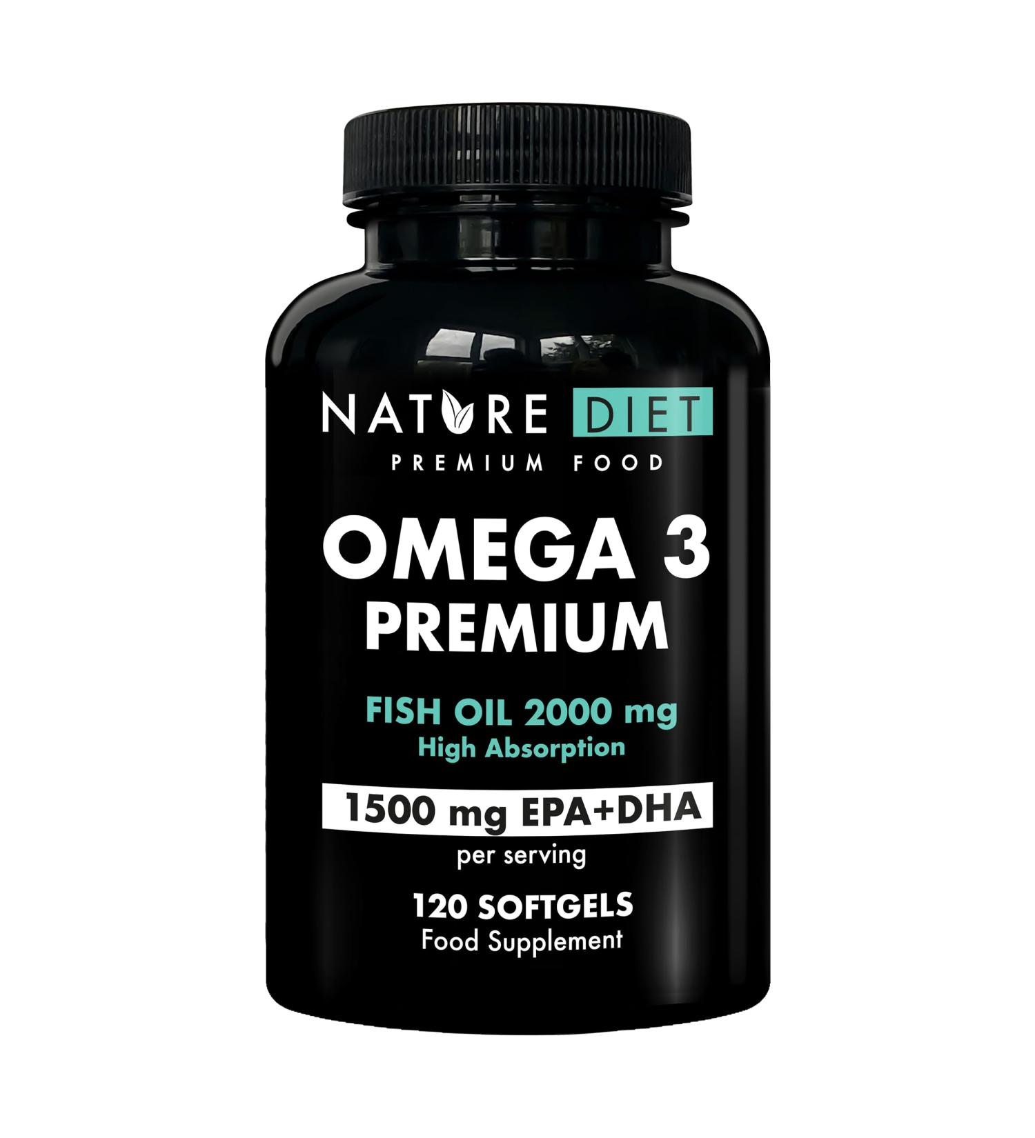 Nature Diet Omega 3 Premium - 2000mg with 1500mg EPA & DHA - 120 Soft Capsules Omega 3 High Concentration Fish Oil - 2 Month Supply - Buy Online on GoSupps.com