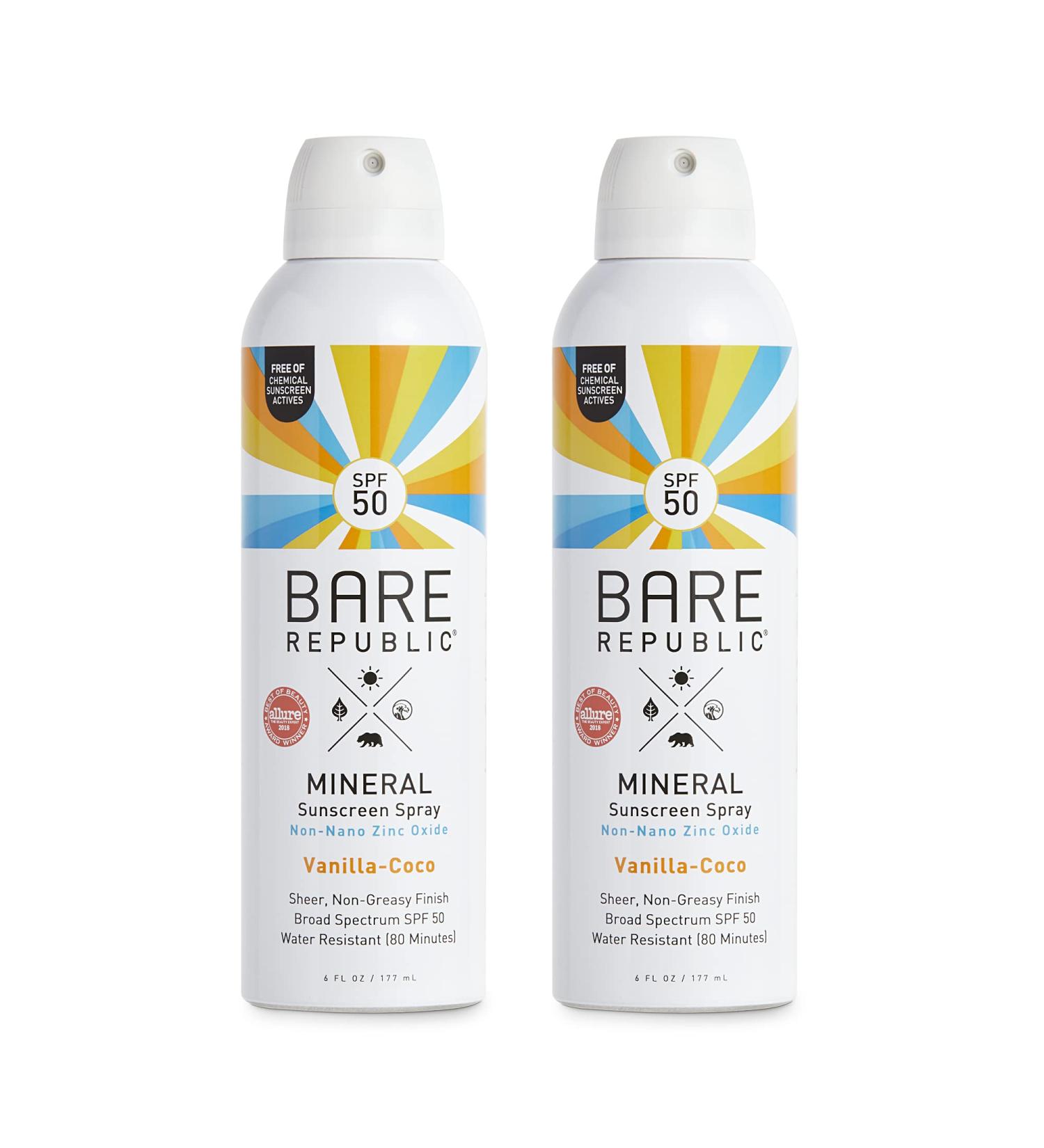 Bare Republic Mineral SPF 50 Sport Sunscreen Spray Vanilla-Coco | Water-Resistant SPF 50 (12oz) 2 Pack - Buy Online on GoSupps.com