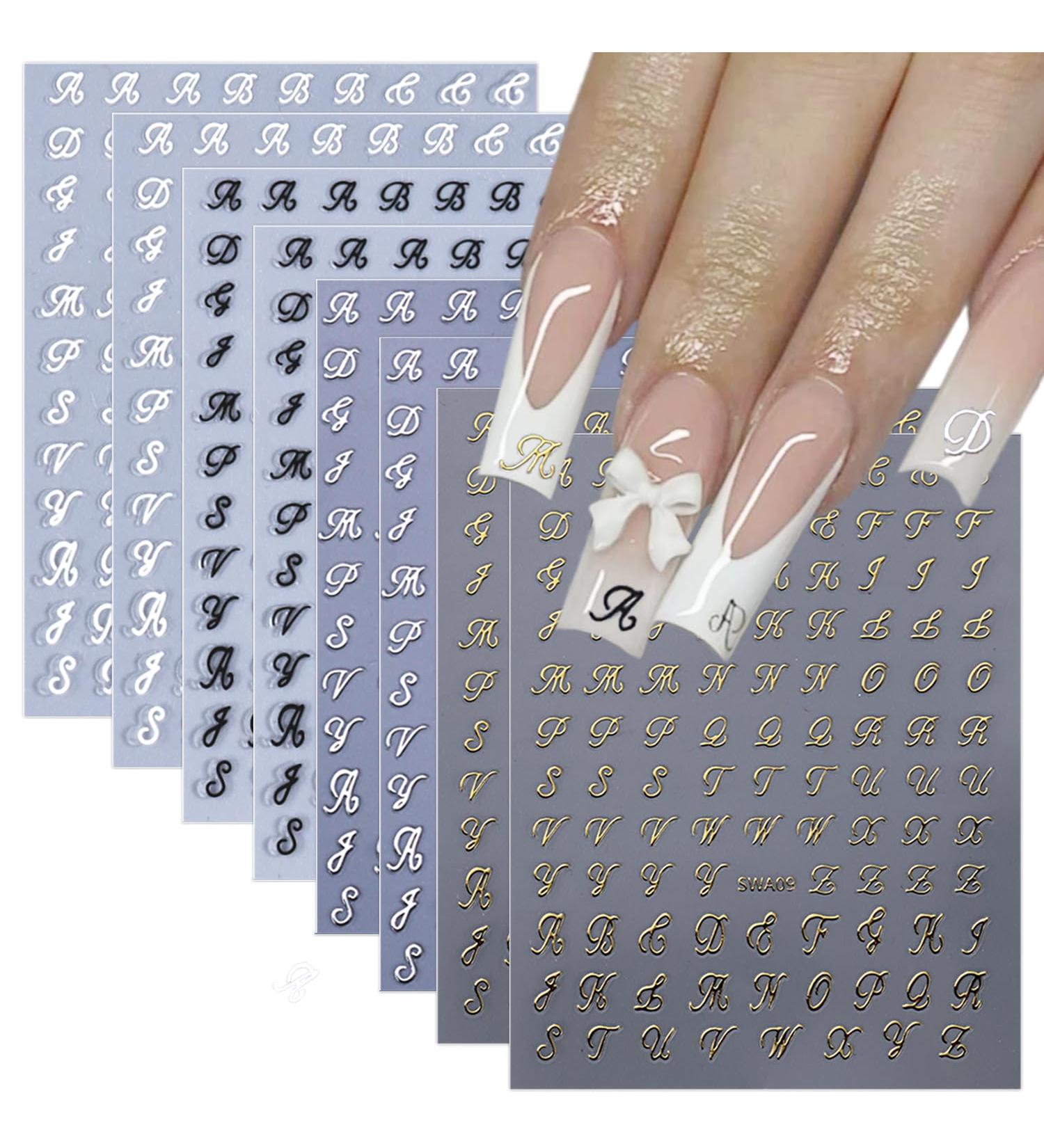 8 Sheets Retro English Letters Nail Stickers | 3D Self-Adhesive Nail Decals for DIY Manicure | Black White Gold & Silver Designs | Perfect for Women - Buy Online on GoSupps.com