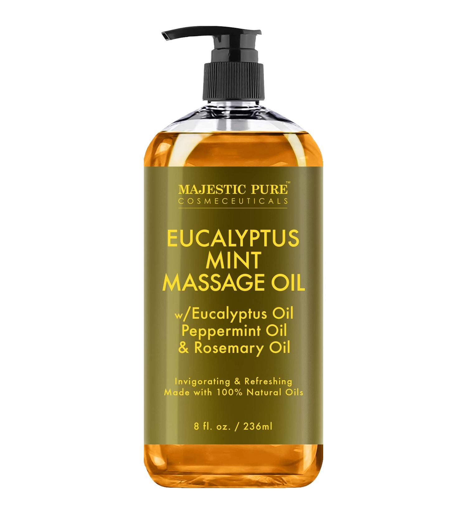 Majestic Pure Eucalyptus Mint Massage Oil 8 fl oz - Refreshing & Relaxing Therapeutic Blend - Natural Oils for All Skin Types - Made in USA - Buy Online on GoSupps.com