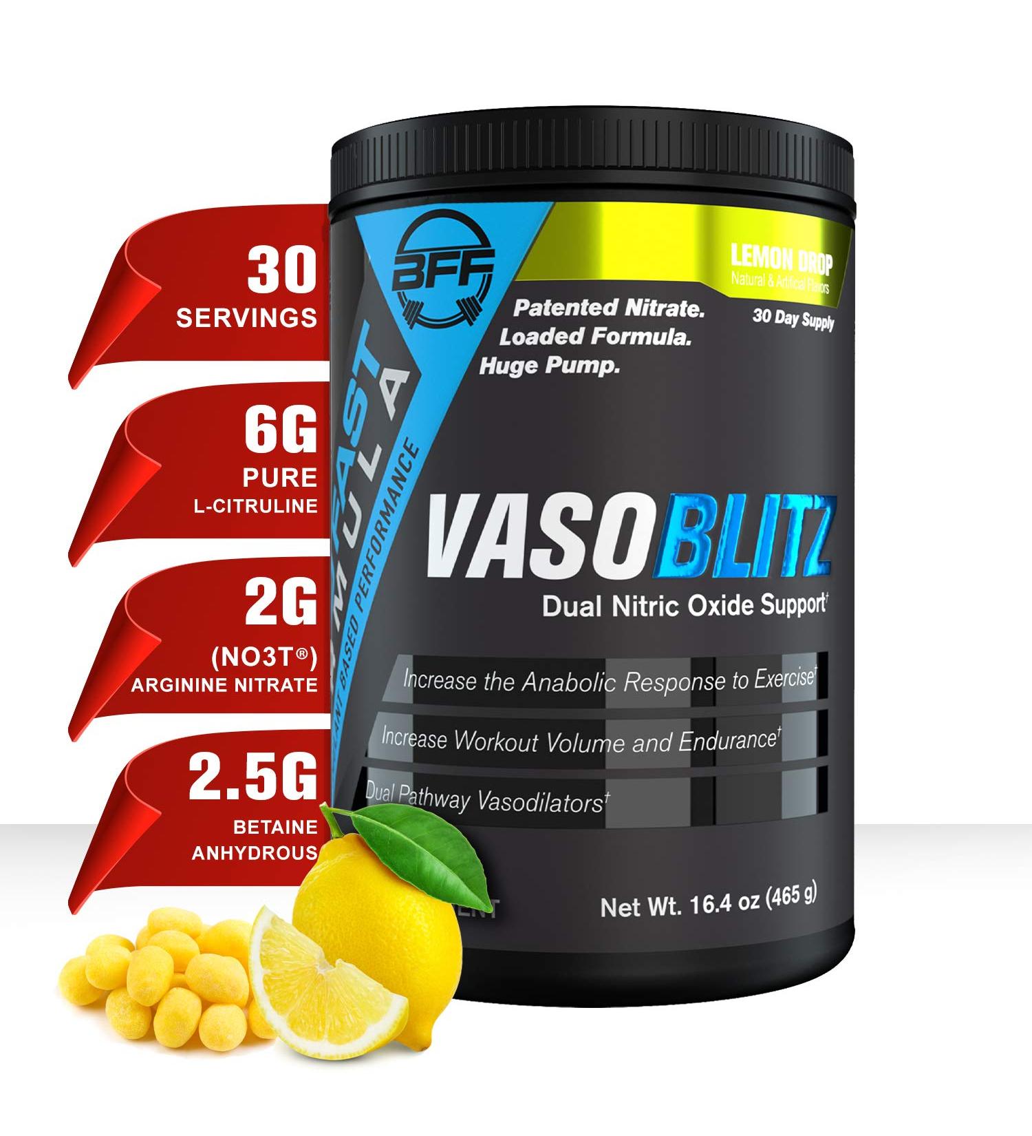 VASOBLITZ by BFF Build Fast Formula | Award Winning Dual Nitric Oxide Pre-Workout | NO3-TÂ® Arginine Nitrate  L-Citrulline  Betaine Anhydrous for Muscle Pumps | Caffeine Free | 30 serv Lemon Drop - Buy Online on GoSupps.com