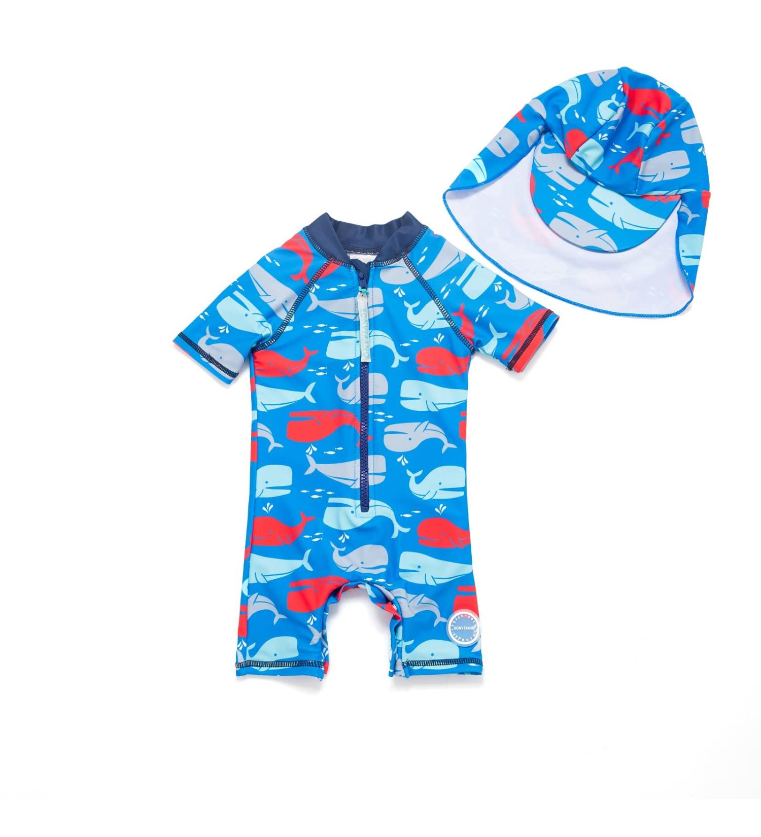BONVERANO Baby Boys Swimsuit | Toddler Short-Sleeve Zipper Bathing Suit | UPF 50+ Sun Protection | Colorful Whale Design | 12-18 Months - Buy Online on GoSupps.com