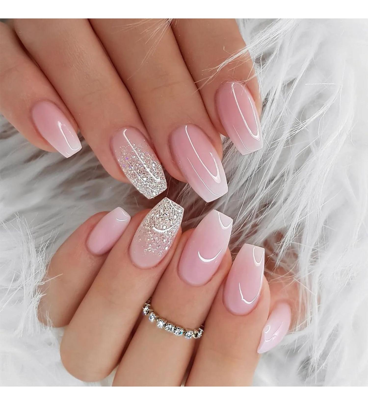 24 PCS Sliver Glitter Press on Nails Glossy Pink French False Nails Square Short Fake Nails Full Cover Stick on Nails for Women Girls Daily Wear (Pink White Glitter Gradient) - Buy Online on GoSupps.com
