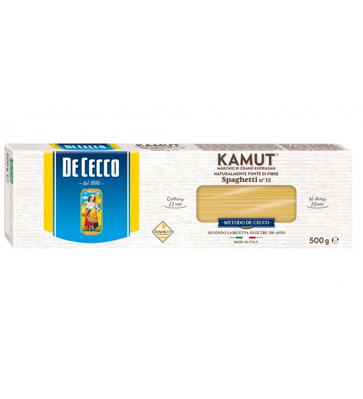 De Cecco Kamut pasta Grano brand Khorasan Spaghetti 500g. Source of fiber.