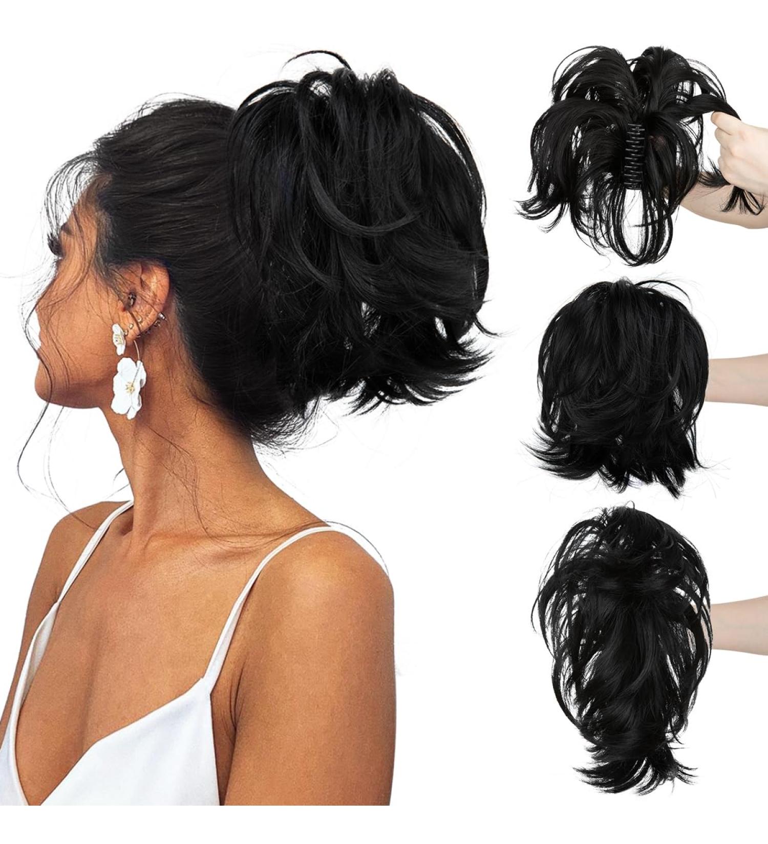 Jet Black 8 inch Claw Clip Ponytail Hair Extension - CJL HAIR Messy Bun Hairpiece - Buy Online on GoSupps.com