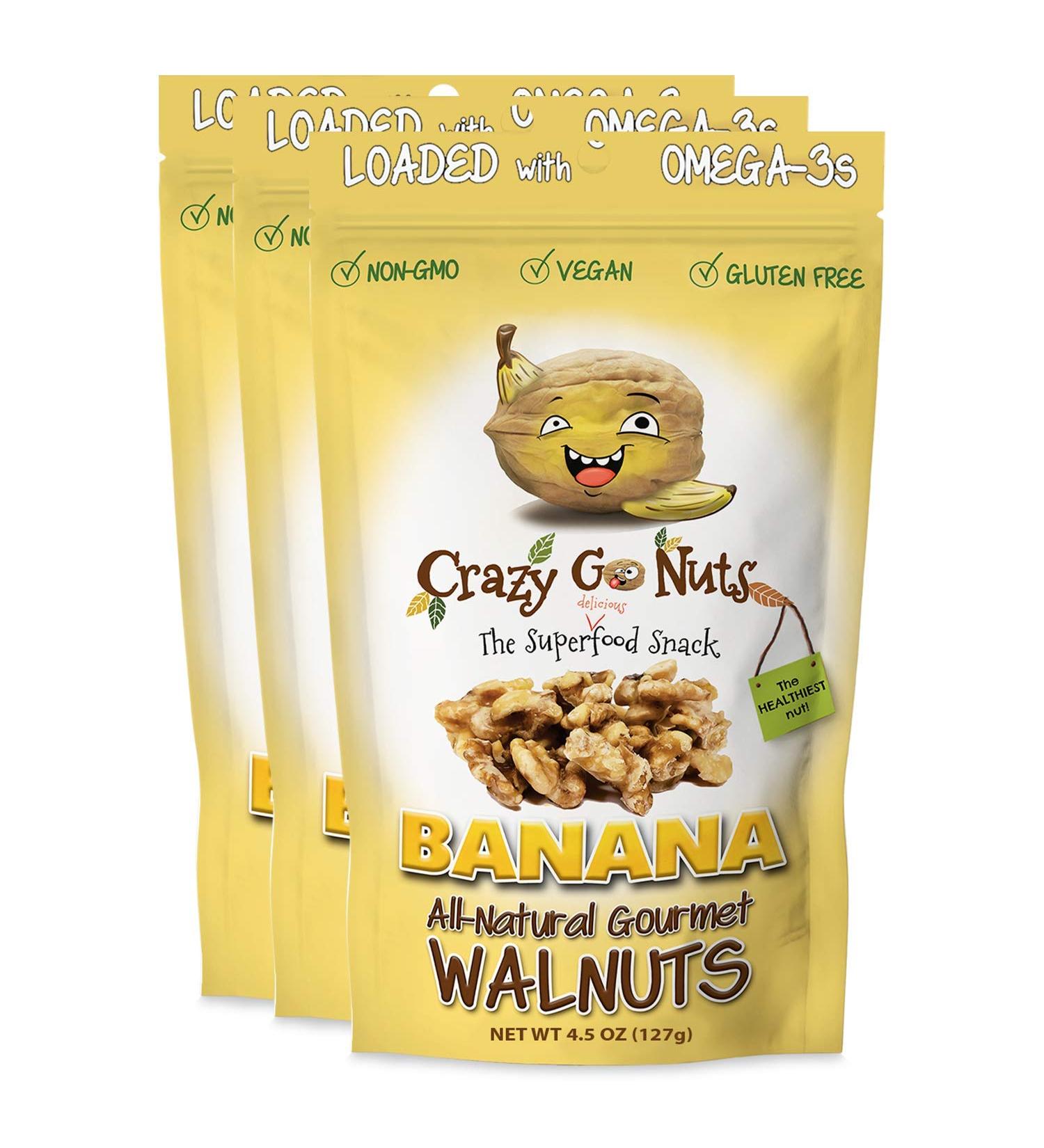 Crazy Go Nuts Banana Walnuts 4.5 oz (3-Pack) - Healthy Vegan Snacks | Gluten-Free Superfood with ALA Omega-3 Fatty Acids & Antioxidants - Buy Online on GoSupps.com