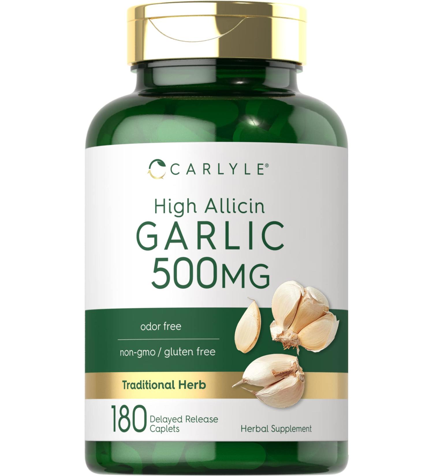 High Allicin Garlic Supplement 500mg | 180 Caplets | Odorless Garlic Pills | Vegetarian  Non-GMO  Gluten Free | by Carlyle - Buy Online on GoSupps.com