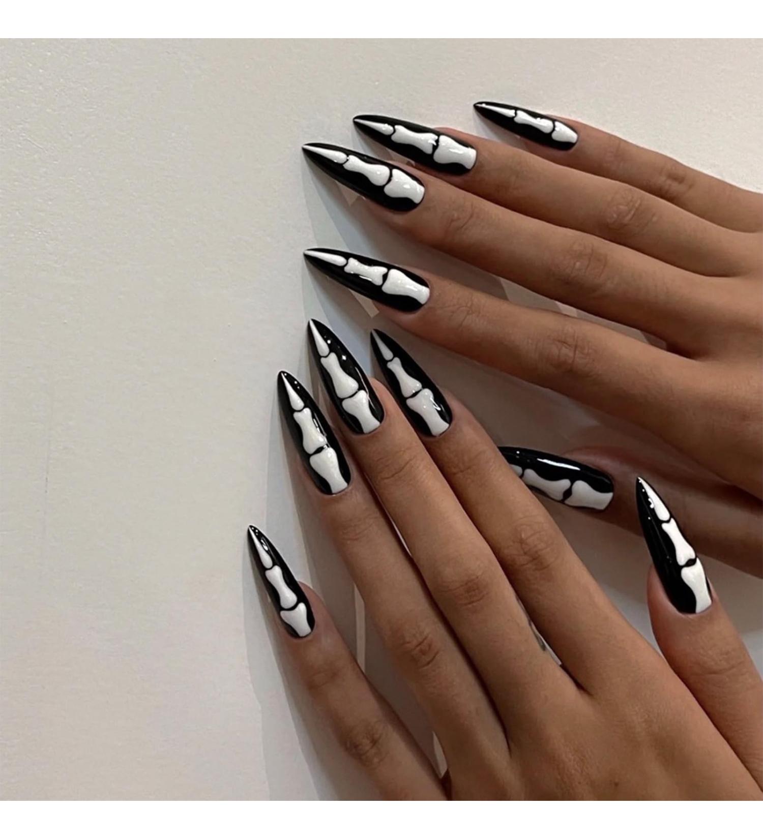 24Pcs Black White Oval False Nails - Medium Long Halloween Bone Print Design - Glue-On Acrylic Stick On Nails for Women & Girls - Buy Online on GoSupps.com