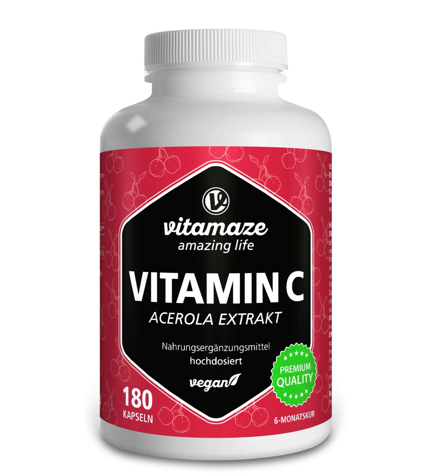 Vitamaze amazing life Vitamin C Acerola 160 mg natural from 660 mg Acerola Extract vegan & optimal BioAvailability 180 Capsules for 6 Months Food Supplement without Additives Made in Germany - Buy Online on GoSupps.com