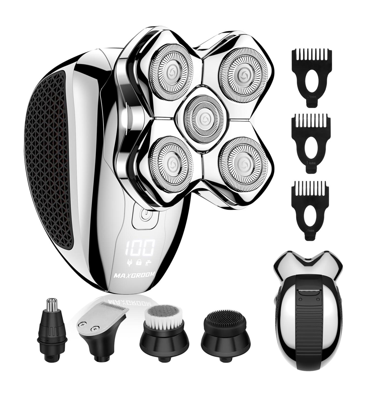 MAXGROOM 5-in-1 Waterproof Head Shaver for Bald Men - LED Display USB Rechargeable Travel Pouch | Ultimate Grooming Tool - Buy Online on GoSupps.com