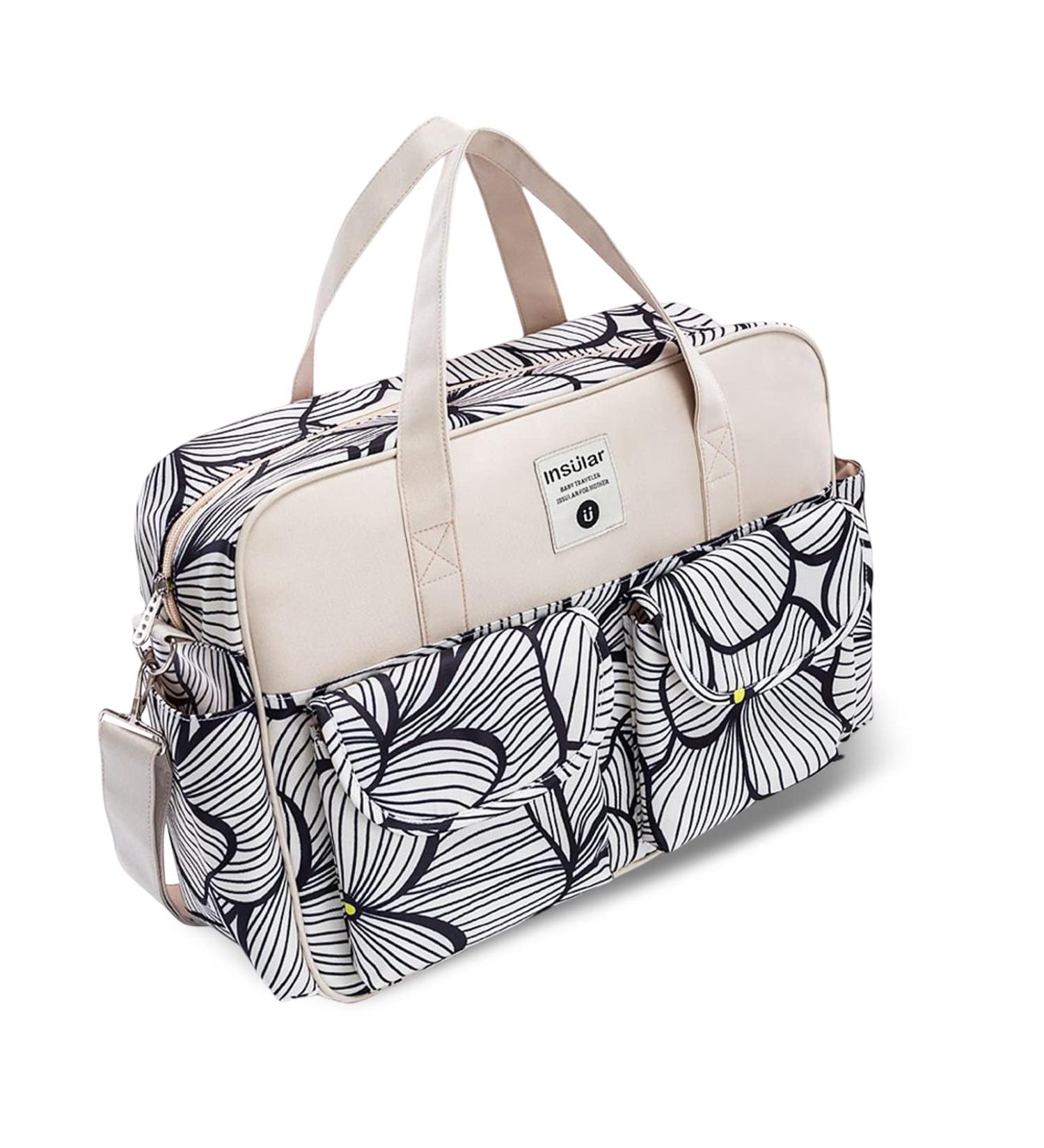 SONARIN Large Capacity Waterproof Baby Changing Tote Bag - Multi-Function Satchel Messenger Bag with Shoulder Strap & Changing Mat, Black & White Petals - Buy Online on GoSupps.com