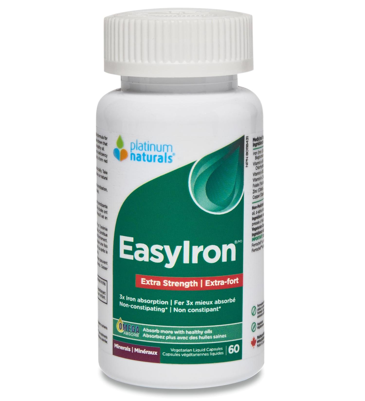 Platinum Naturals - EasyIron Extra Strength Capsules 60 Vegan Liquid Caps - Enhanced Red Blood Cell Formation Gentle on the Stomach - Iron Bisglycinate with B6 & B12 Vitamins Ideal for Men & Women - Buy Online on GoSupps.com