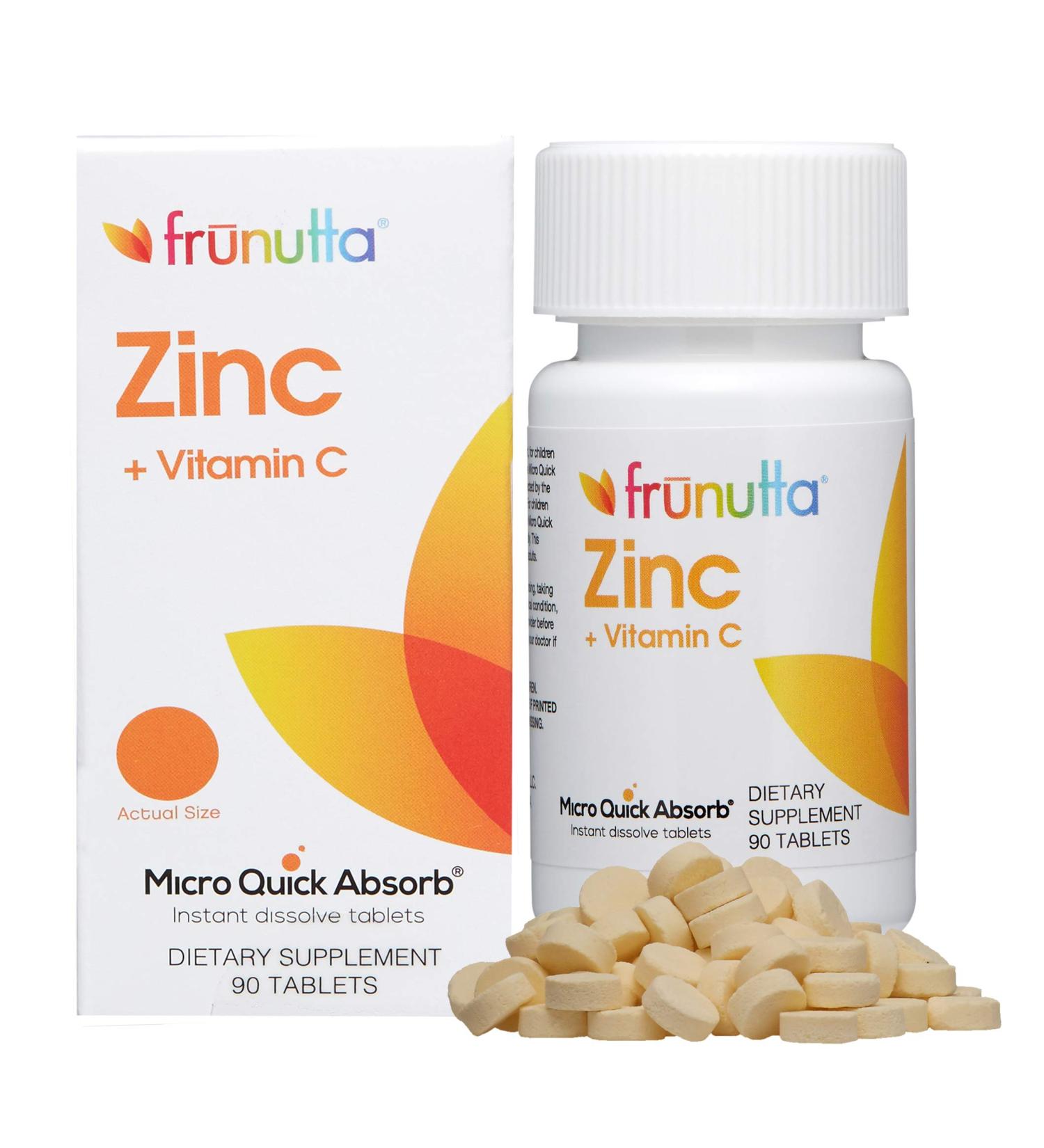 Frunutta Zinc + Vitamin C Supplement | Immune System Support | Sugar-Free Non-GMO Vegetarian | 90 Instant Dissolve Tablets - Buy Online on GoSupps.com