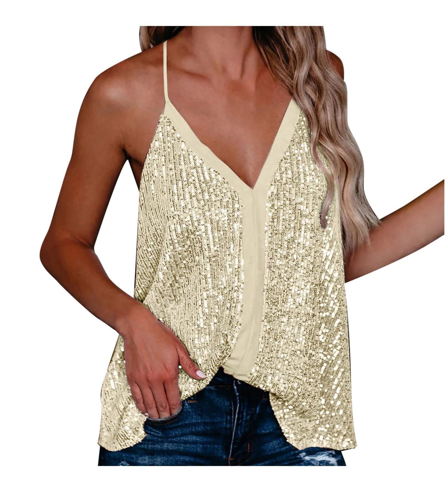 Shop Women's V-Neck Sequin Tops - Sparkle Sleeveless Spaghetti Camisole & Festive Metallic Shirts - Buy Online on GoSupps.com