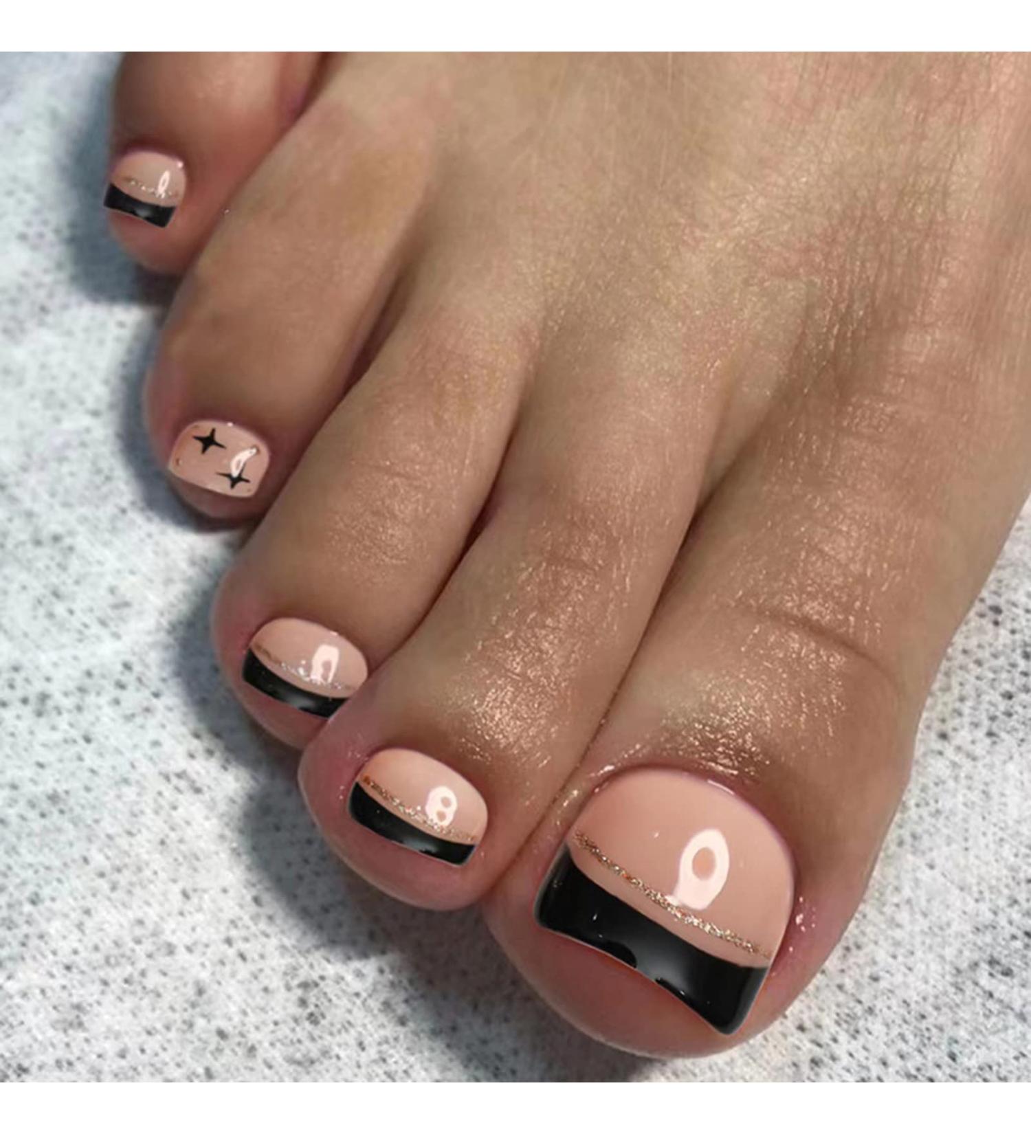 Black French Tip Press On Toenails with Gold Glitters and Stars - Short Square Full Cover False Toe Nails - Acrylic Cute Stick On Toe Nails for Women - Buy Online on GoSupps.com
