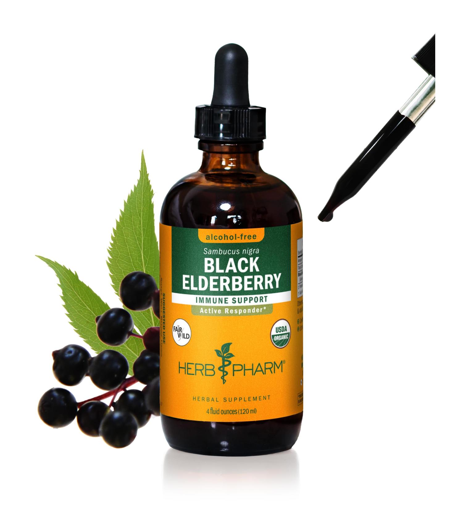 Herb Pharm Certified Organic Black Elderberry Liquid Extract for Immune System Support Alcohol-Free Glycerite 4 Ounce 4 Fl Oz (Pack of 1) Alcohol-free Glycerite - Buy Online on GoSupps.com
