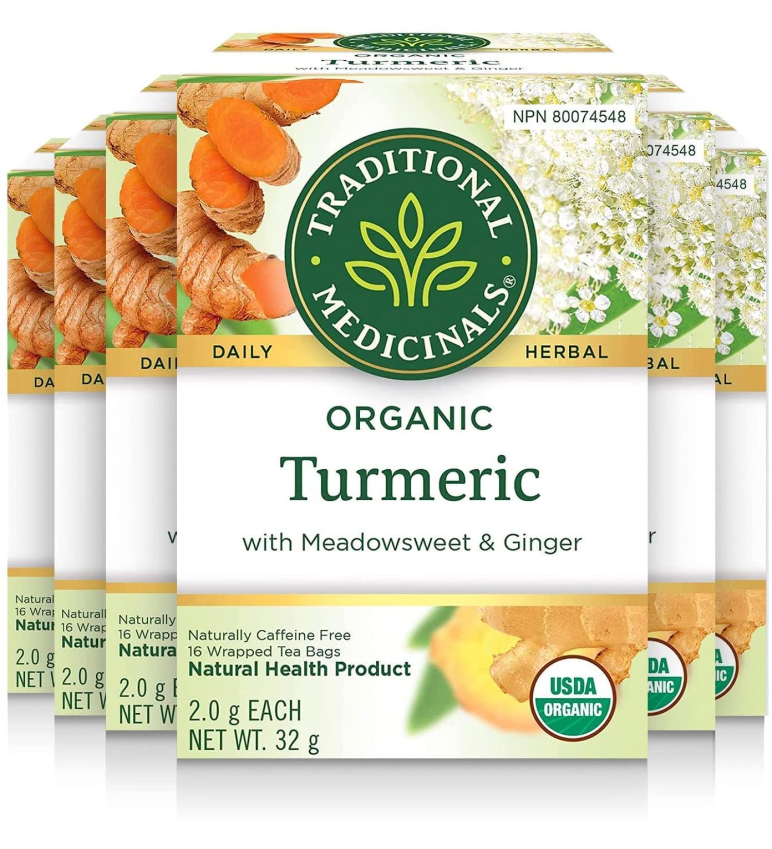 Traditional Medicinals - Organic Turmeric with Meadowsweet and Ginger Herbal Tea (Pack of 6) - Traditionally Used To Relieve Inflammation And Aid In Digestion - 96 Tea Bags Total Tea Tumeric with Meadowsweet and Gigner 16 Count (Pack of 6) - Buy Online on GoSupps.com