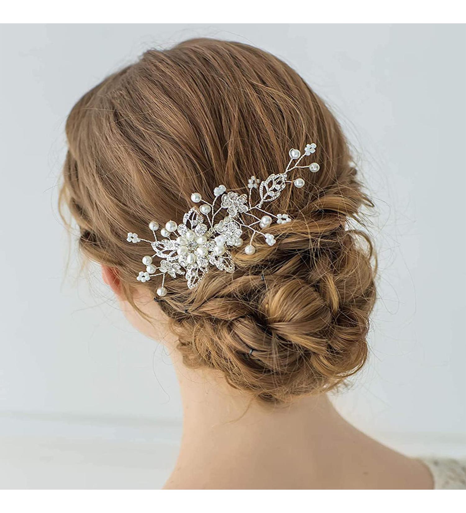 Bridal Rhinestone Pearl Silver Crystal Flower Hair Clip Comb | Wedding Headpiece for Women Girls Bridesmaid - Buy Online on GoSupps.com