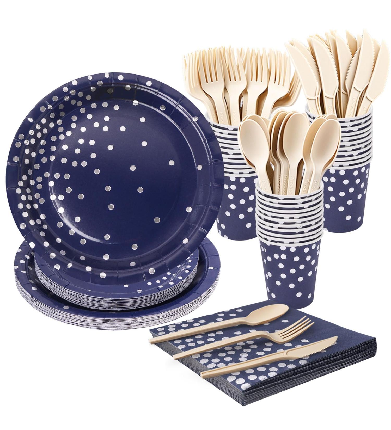 168Pcs Navy blue Party tableware Supplies Navy Blue Paper Plate with Silver Dot Serve 24 Guests Blue Party Plates Cups and Napkins Sets for Birthday Wedding Baby Shower Party Graduation Decorations - Buy Online on GoSupps.com