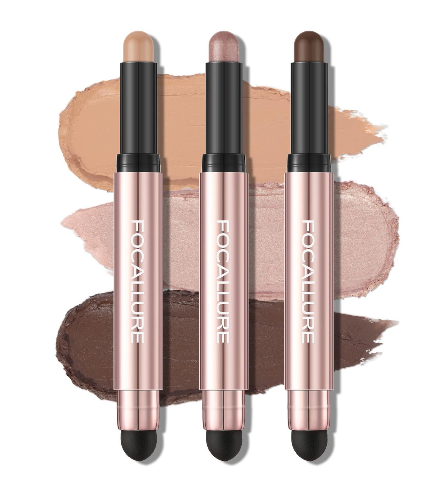FOCALLURE 3-Piece Eyeshadow Sticks Set | Shimmer & Matte | Blendable, Long-Lasting, Waterproof | Including Sponge Brush | Makeup Brightener Stick - Buy Online on GoSupps.com