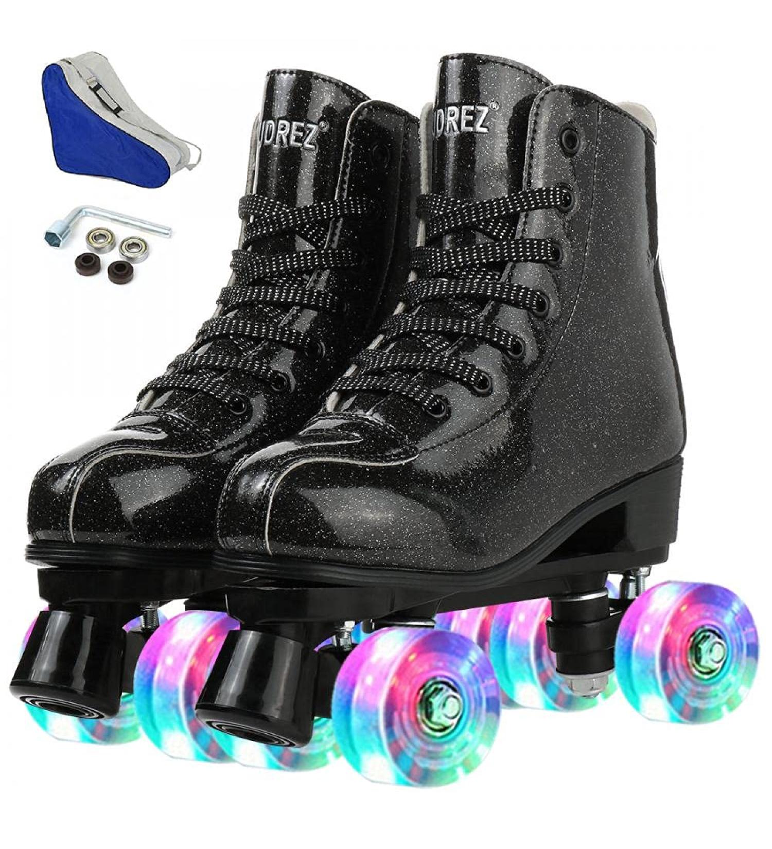 Jessie Premium PU Leather Roller Skates for Women - Classic 4-Wheel Skates for Adults - Black CrystalFlash Wheel - Size 40 - Buy Online on GoSupps.com