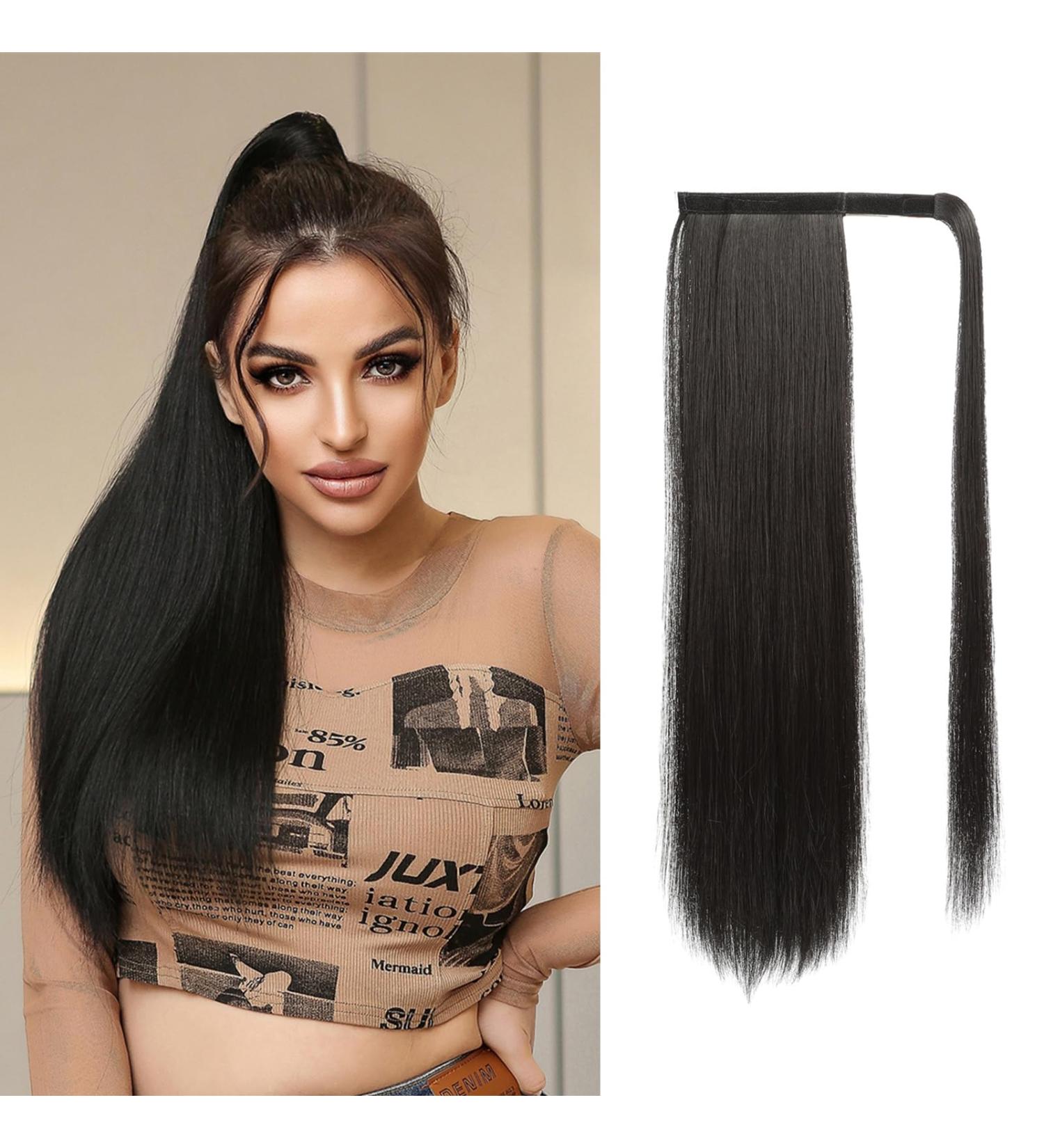 Oefei 24-Inch Black Long Straight Synthetic Ponytail Extension with Velcro Fastener Natural Braid Hairpiece for Women - Buy Online on GoSupps.com