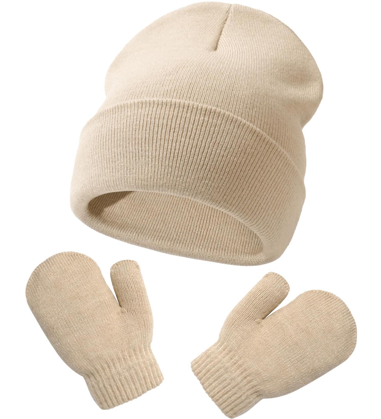 XYIYI Newborn Baby Winter Beanie Hat Mitten Set - Warm Knitted Hat Glove Set for Boys Girls 3-18 Months (Beige) - Buy Online on GoSupps.com