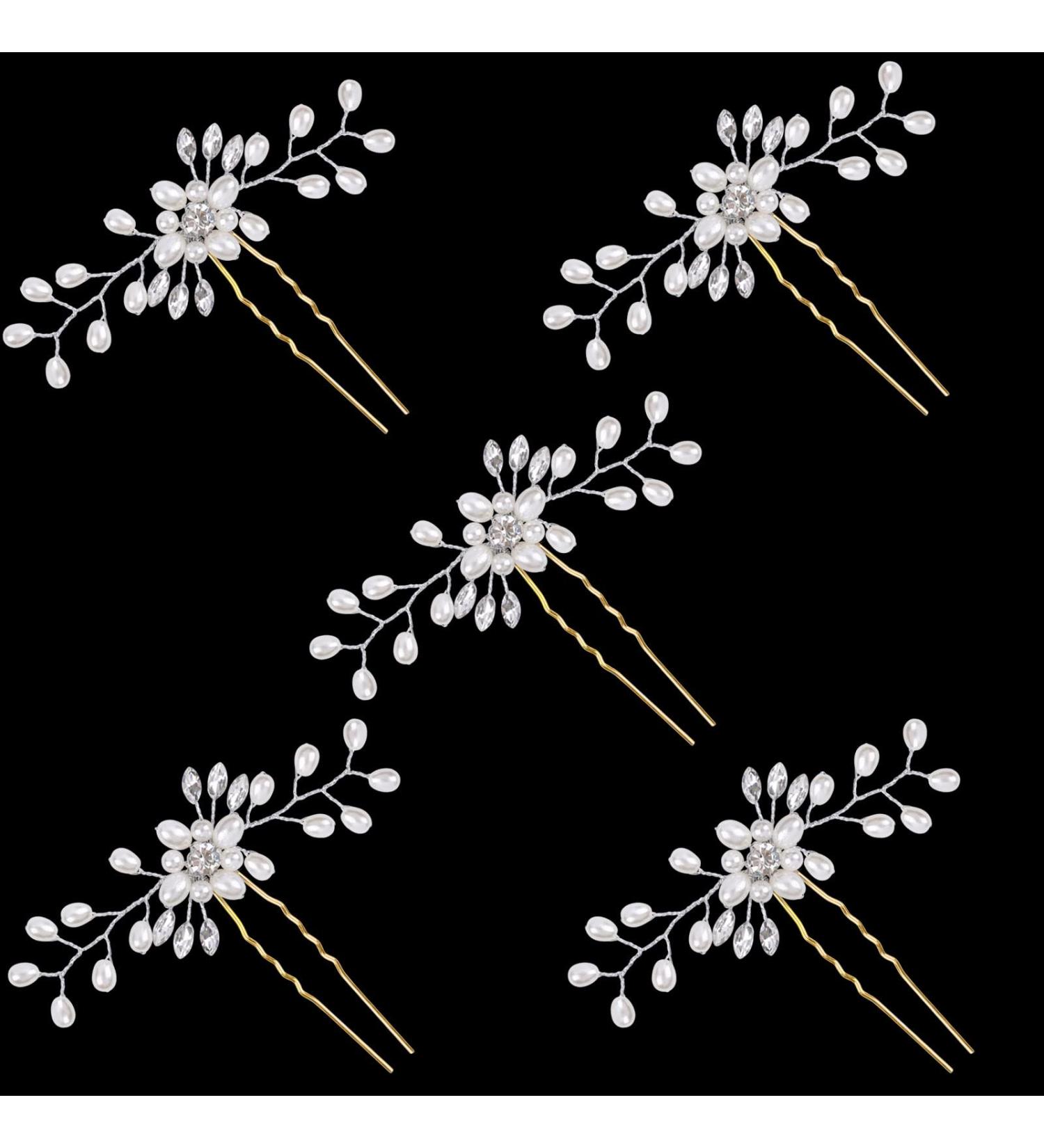 WBCBEC 5-Piece Pearl & Crystal Wedding Hair Pins Set - Bridal Accessories in Gold for Brides, Bridesmaids, and Flower Girls - Buy Online on GoSupps.com