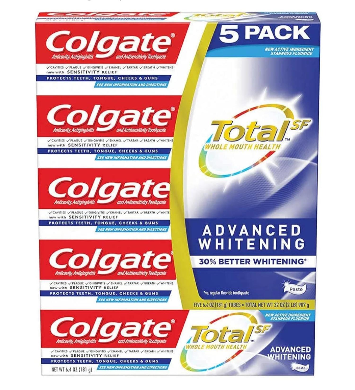 Colgate Total Advanced Whitening Toothpaste 6.4 oz 5-Pack | Vegan | Gluten Free | Responsibly Made | Sugar Free