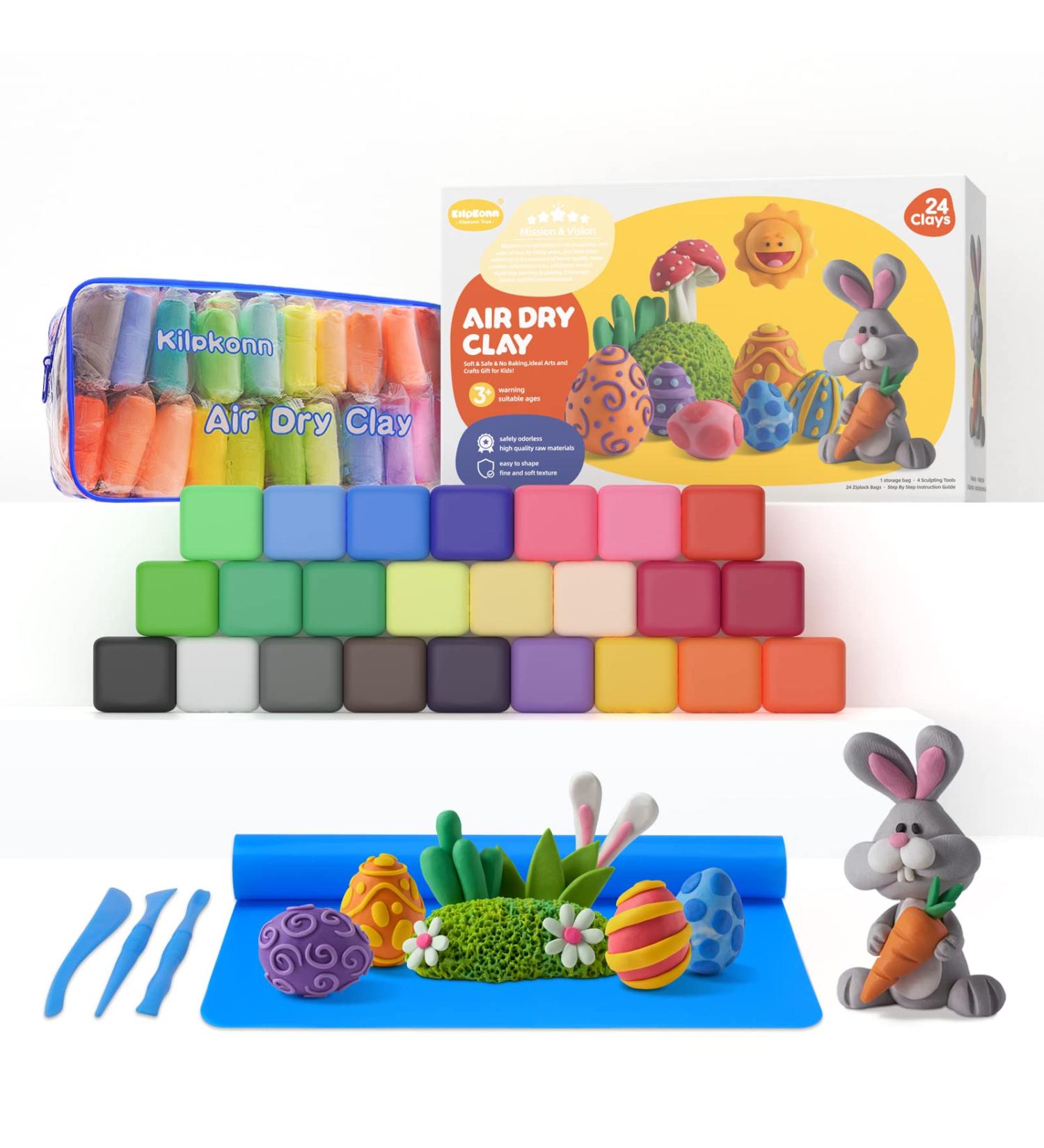 Kilpkonn 24 Colors Air Dry Clay Set with Play Mat & Tools - Non-Toxic Modeling Clay for Kids - No Baking Needed - Perfect Arts and Crafts Gift - Buy Online on GoSupps.com