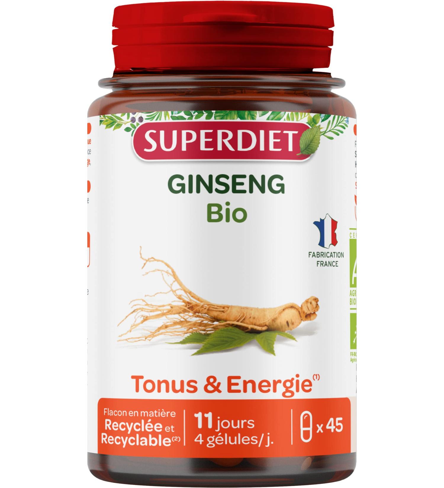 SUPERDIET - GINSENG ORGANIC - Tone and Energy - Phytotherapy - Made in France - 45 capsules