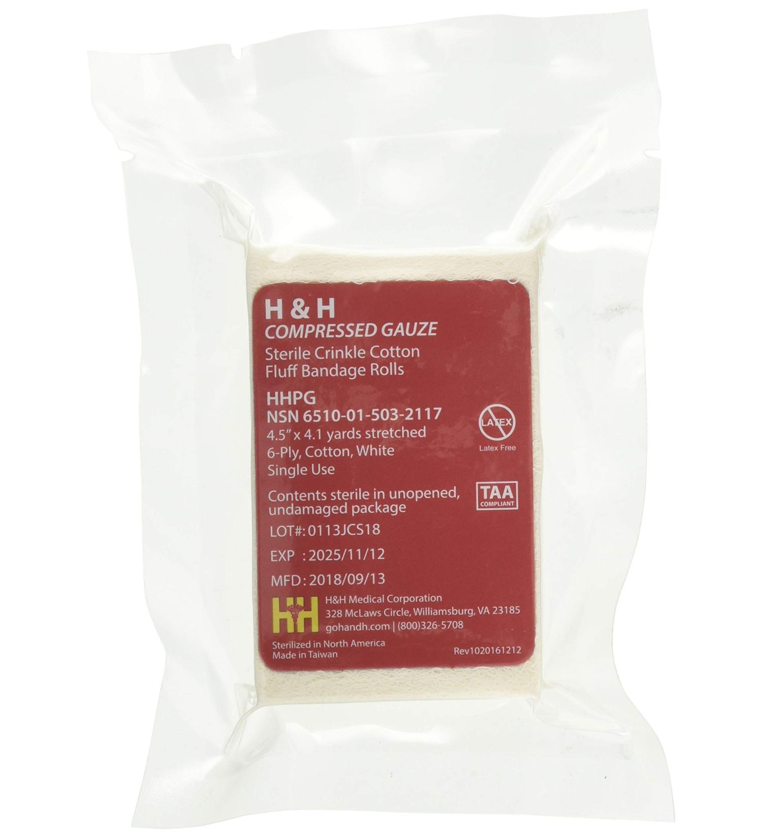3 Pack H&H Primed Compressed Sterile Gauze 4.5" x 4.1 Yards 6-Ply White Cotton PRIMED-001 Essential First Aid and Stop The Bleed Kit Supply for Home Medical and Tactical Use