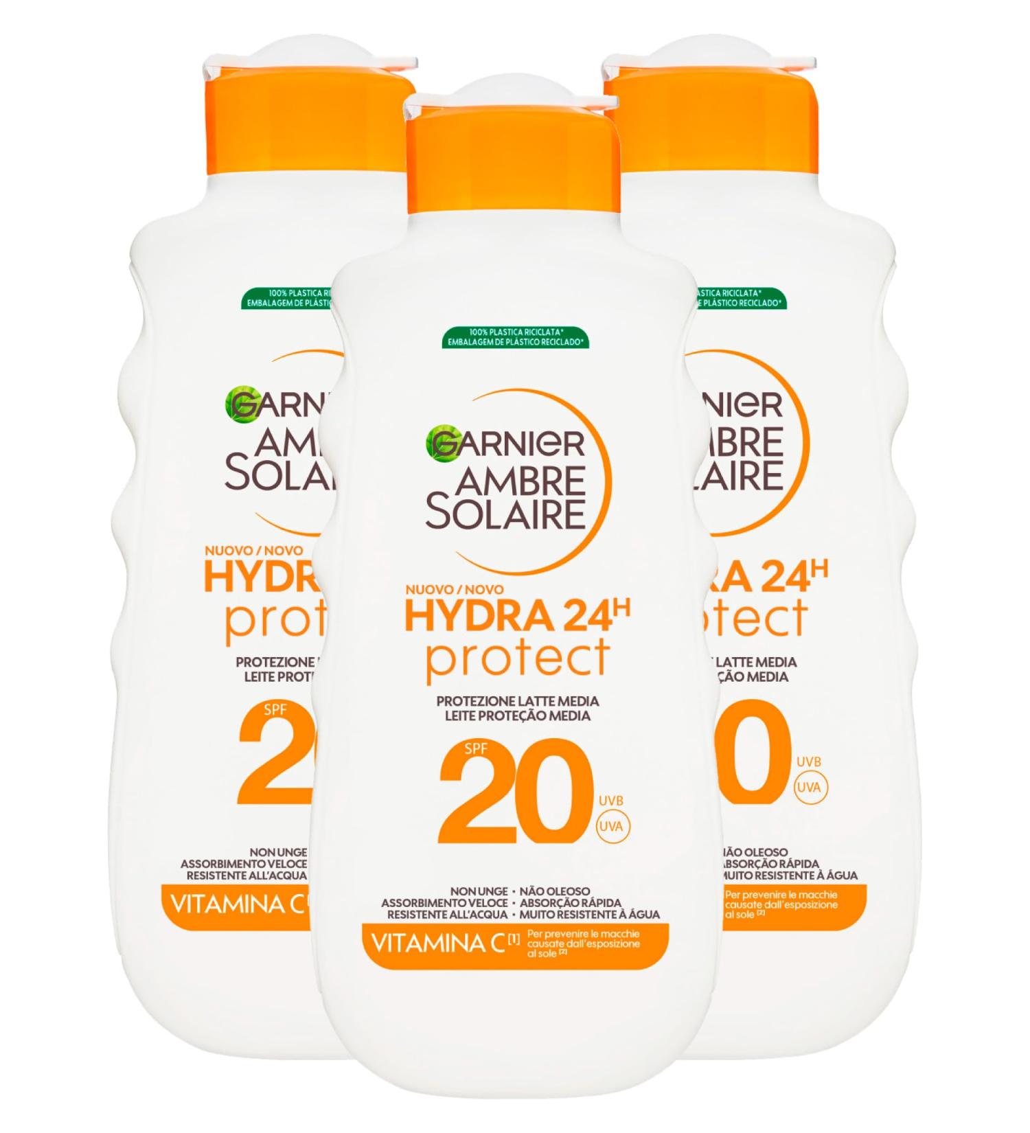  Garnier Garnier Ambre Solaire Hydra 24h Protect Sun Lotion for Face and Body SPF 20 Medium Protection Against UVA UVB Moisturising Formula Nutritive Waterproof with Shea Butter 3 Bottles of 200 ml - Buy Online on GoSupps.com