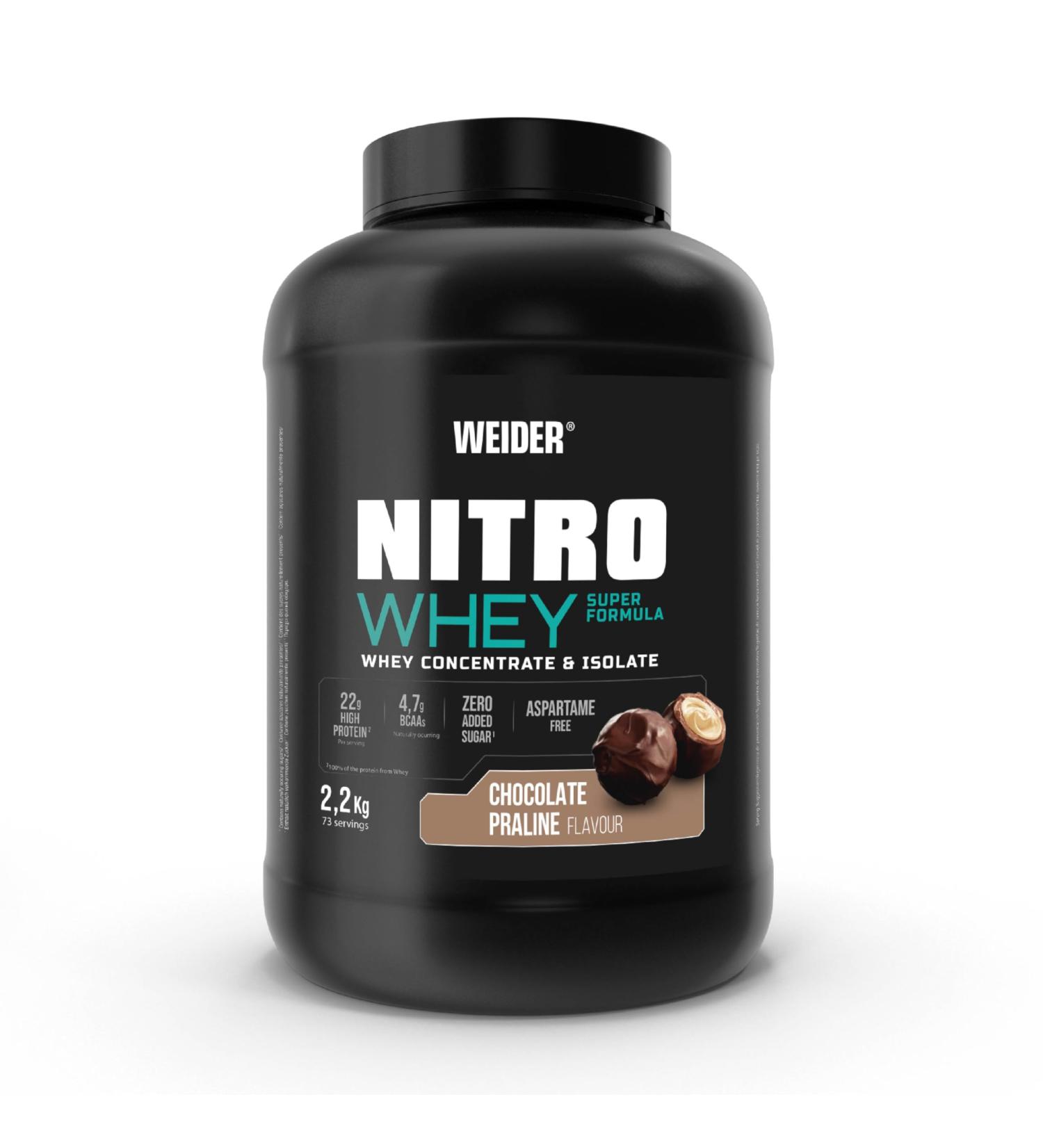 Weider Nitro Whey Super Formula (2.2 kg) Chocolate Praline Flavor. 22g/dose Concentrate and Whey Protein Isolate + 4.8g BCAA/Dose L-Glutamine and Vitamin B6 No Added Sugars No Aspartame - Buy Online on GoSupps.com