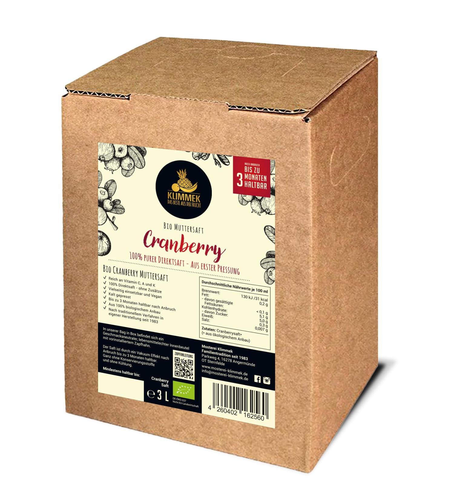 Klimmek Premium ORGANIC Cranberry Juice - 100% ORGANIC Direct Juice Refreshing & Invigorating 3 Liter Bag in Box