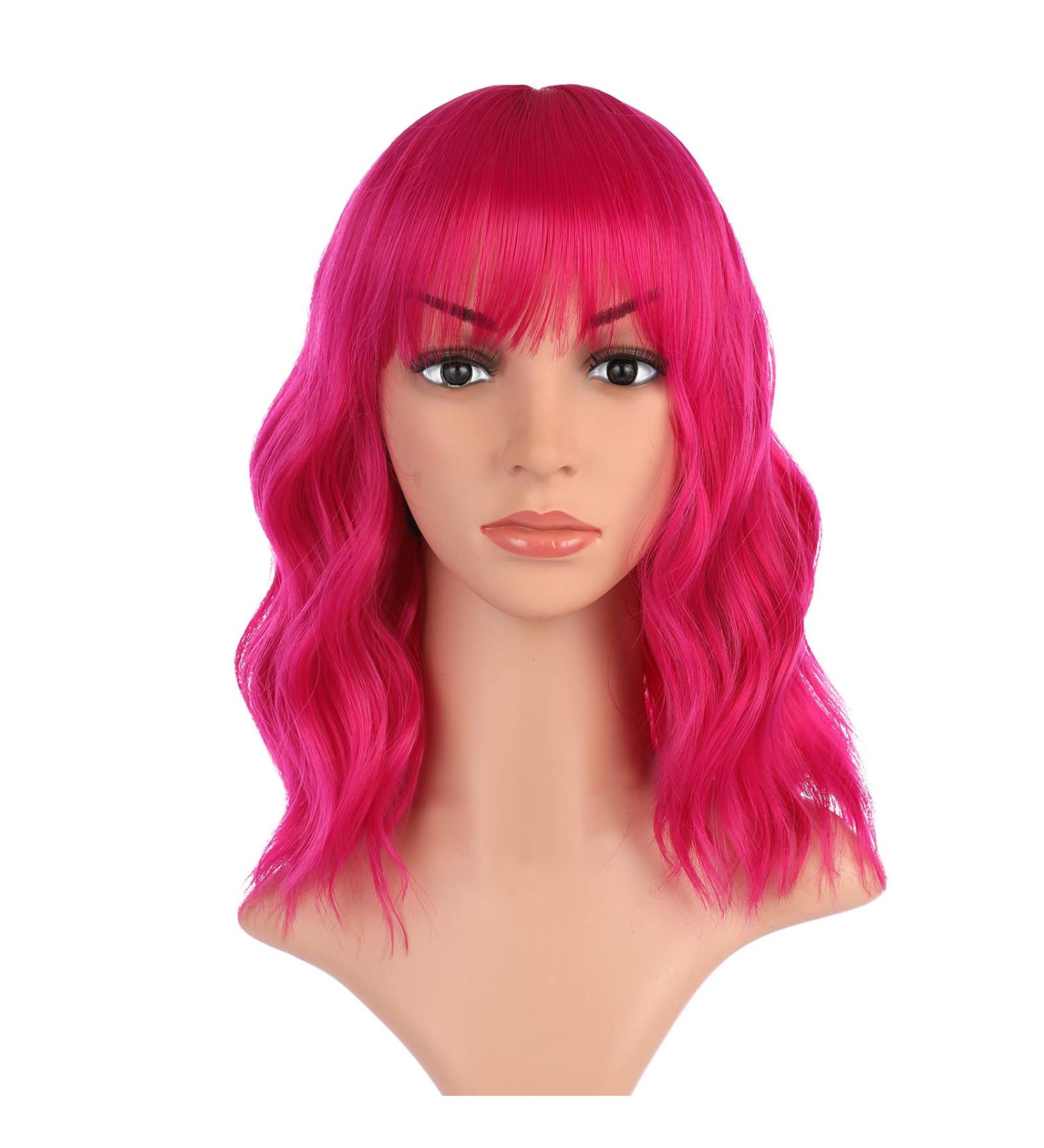 Queberty Pink Wig - Short Wavy Hot Pink Synthetic Wig for Women with Air Bangs | Natural Hair Cosplay Daily Party Use - Buy Online on GoSupps.com
