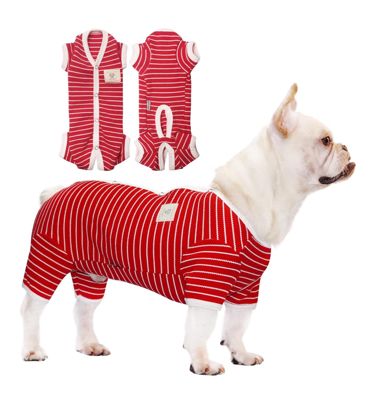 Tony Hoby Dog Suit | Soft Cotton Pile Overall for Men & Women - Striped 4-Legged Sleepwear | Red-Boy - Buy Online on GoSupps.com