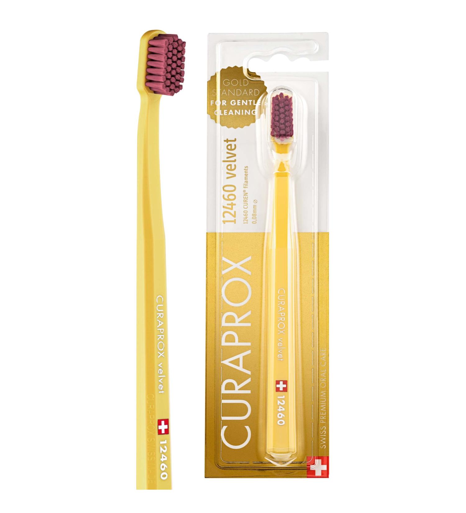 Curaprox CS 12460 Velvet Toothbrush - Ultra Soft Manual Toothbrush for Adults with 12460 Super Soft CUREN Bristles - Yellow-Burgundy - Global Shipping Available - Buy Online on GoSupps.com