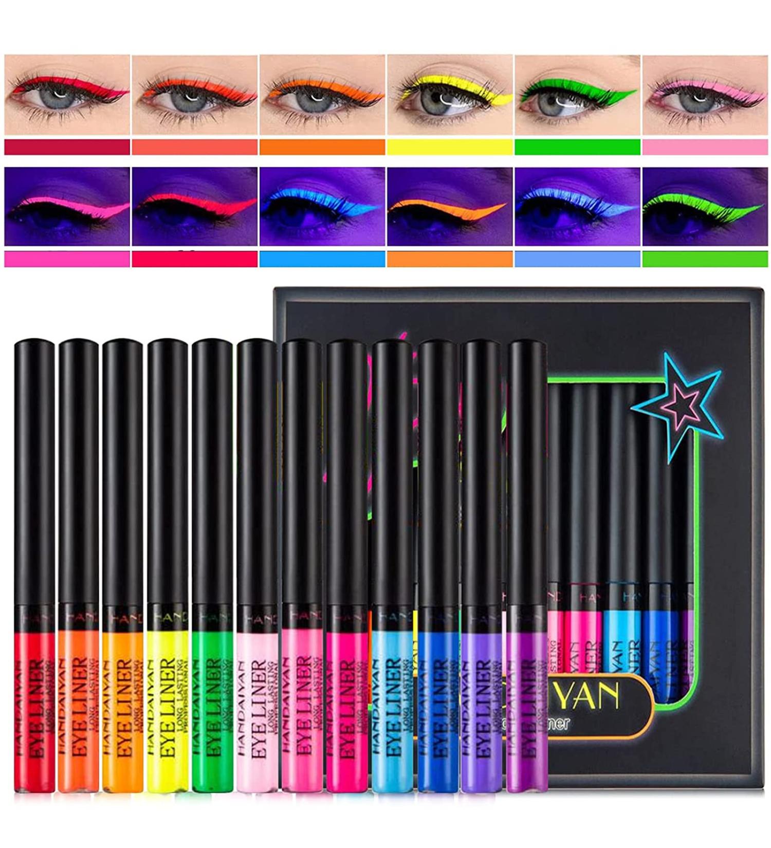 INDEBETY 12 Colors UV Glow Neon Liquid Eyeliner Set - Waterproof Smudgeproof Long Lasting Gel Eye Liner - Matte Colored Eyeliners Pen - Gift Kit (Glow Under UV) Set 3 - Buy Online on GoSupps.com