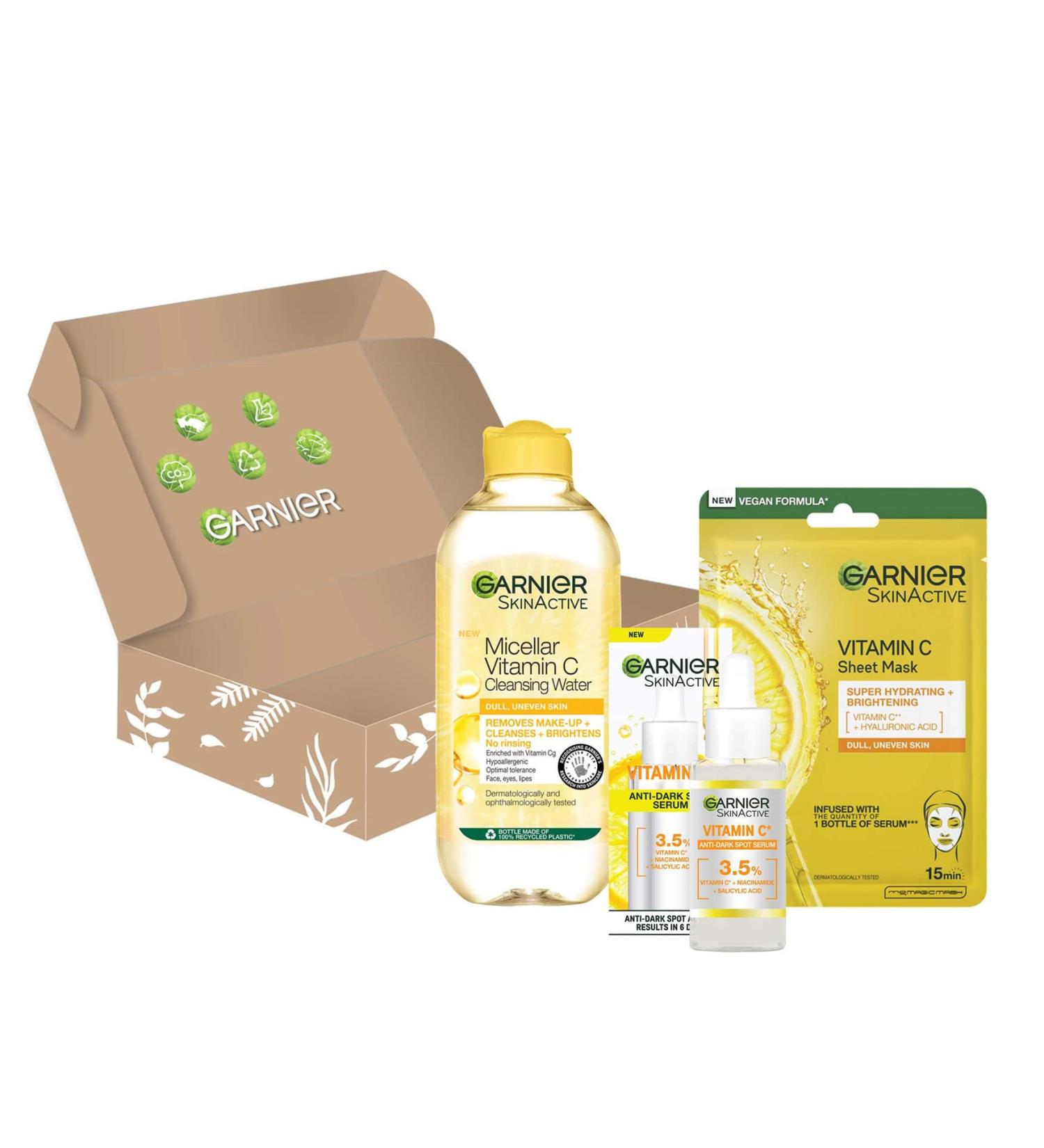 Garnier Vitamin C Brightening Essentials Set Micellar Water Serum and Sheet Mask With Vitamin C and Lemon Extract For Bright Glowing Skin SkinActive 3 Pieces - Buy Online on GoSupps.com