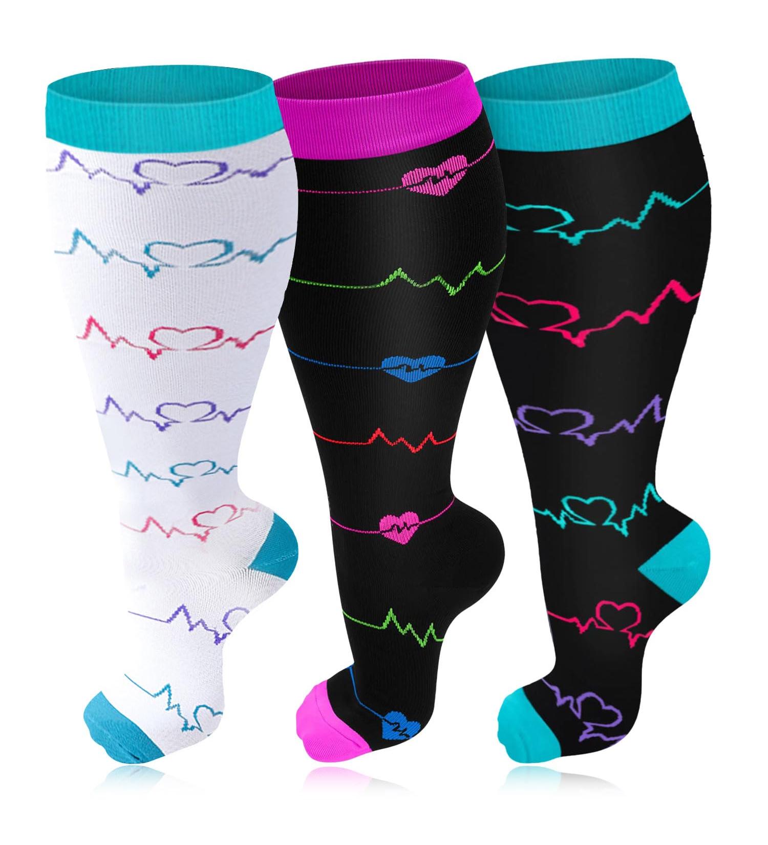 3 Pairs Plus Size Compression Socks for Women & Men | 20-30 mmHg | Wide Calf Knee High Flight Socks | Circulation Support | 2XL 3PCS - White Purple Blue - Buy Online on GoSupps.com