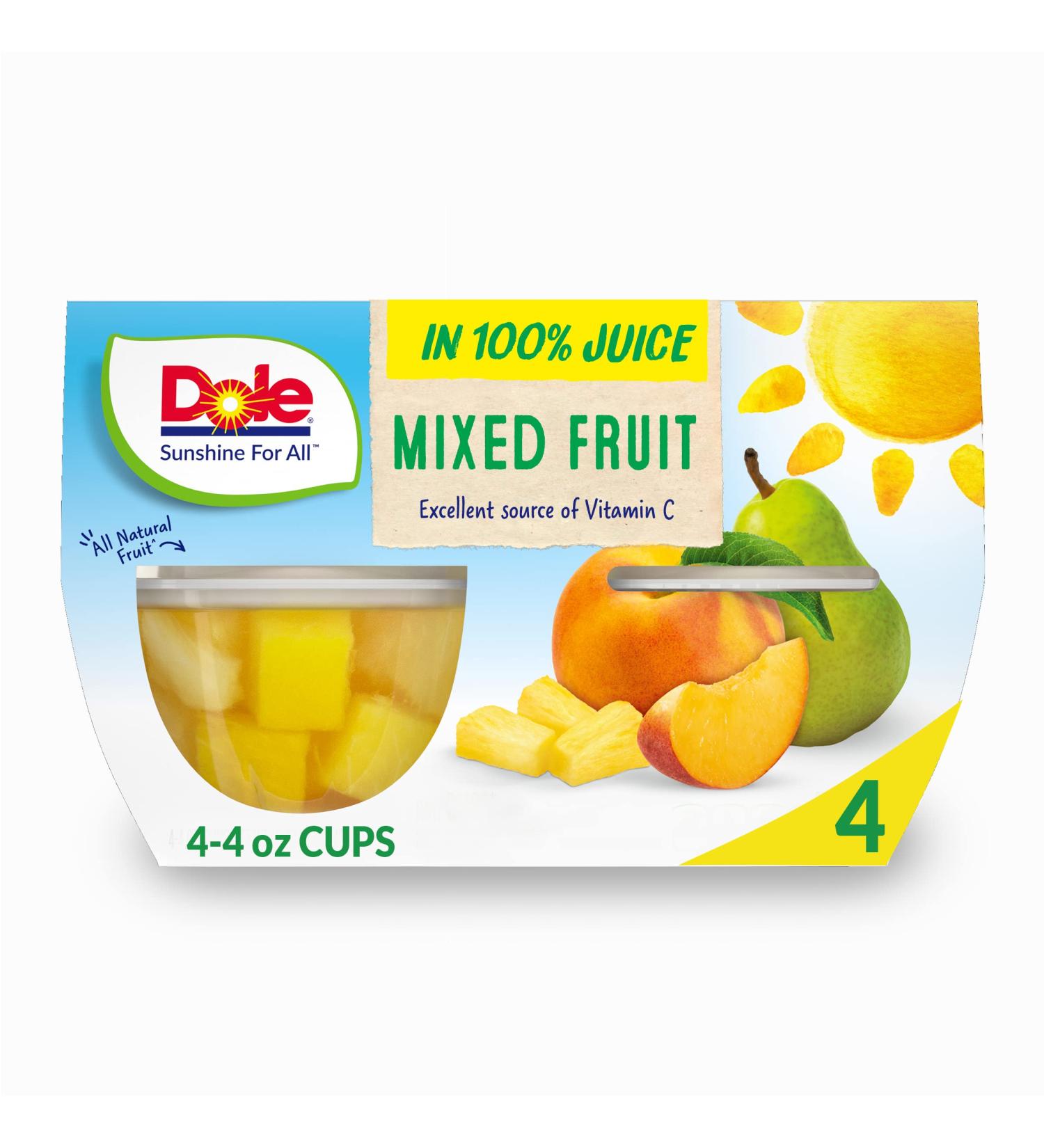 Dole Mixed Fruit Bowls in 100% Juice 4 Oz (Pack of 4) - Pineapple, Peaches & Pears, Gluten-Free Healthy Snack - Buy Online on GoSupps.com