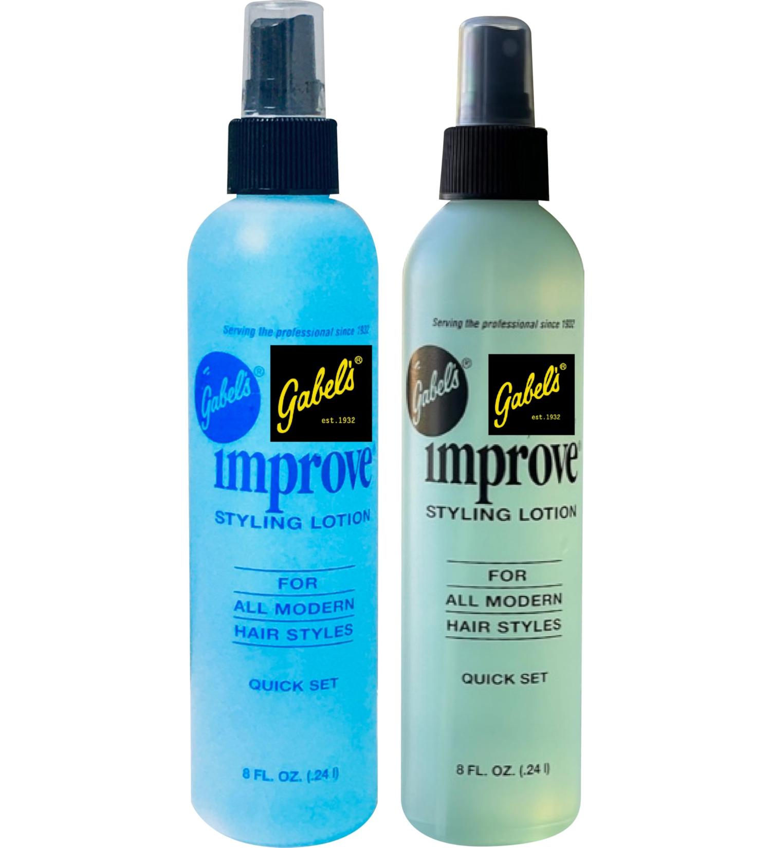 Improve Gabel's Styling Lotion Hair Spray 8 oz Quick Set - Blue(1) Green(1) Pack of 2. Authentic Gabel's Manufacturer Direct has Gabel's logo in black label Blue 8oz Green 8oz