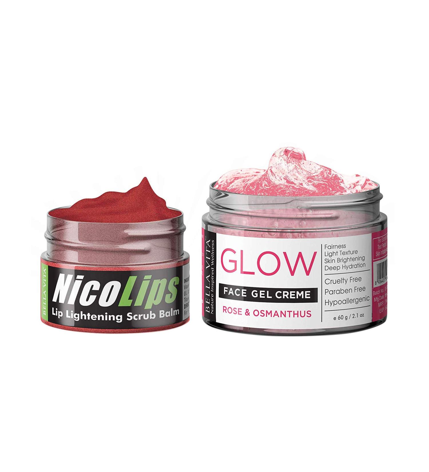 Glamorous Hub Bella Vita Bio Combo Nicolips Lip Peeling cream Balam for dark lips pigmentation & fairness face cream for bright skin for women & men with aloe rose osmanthus