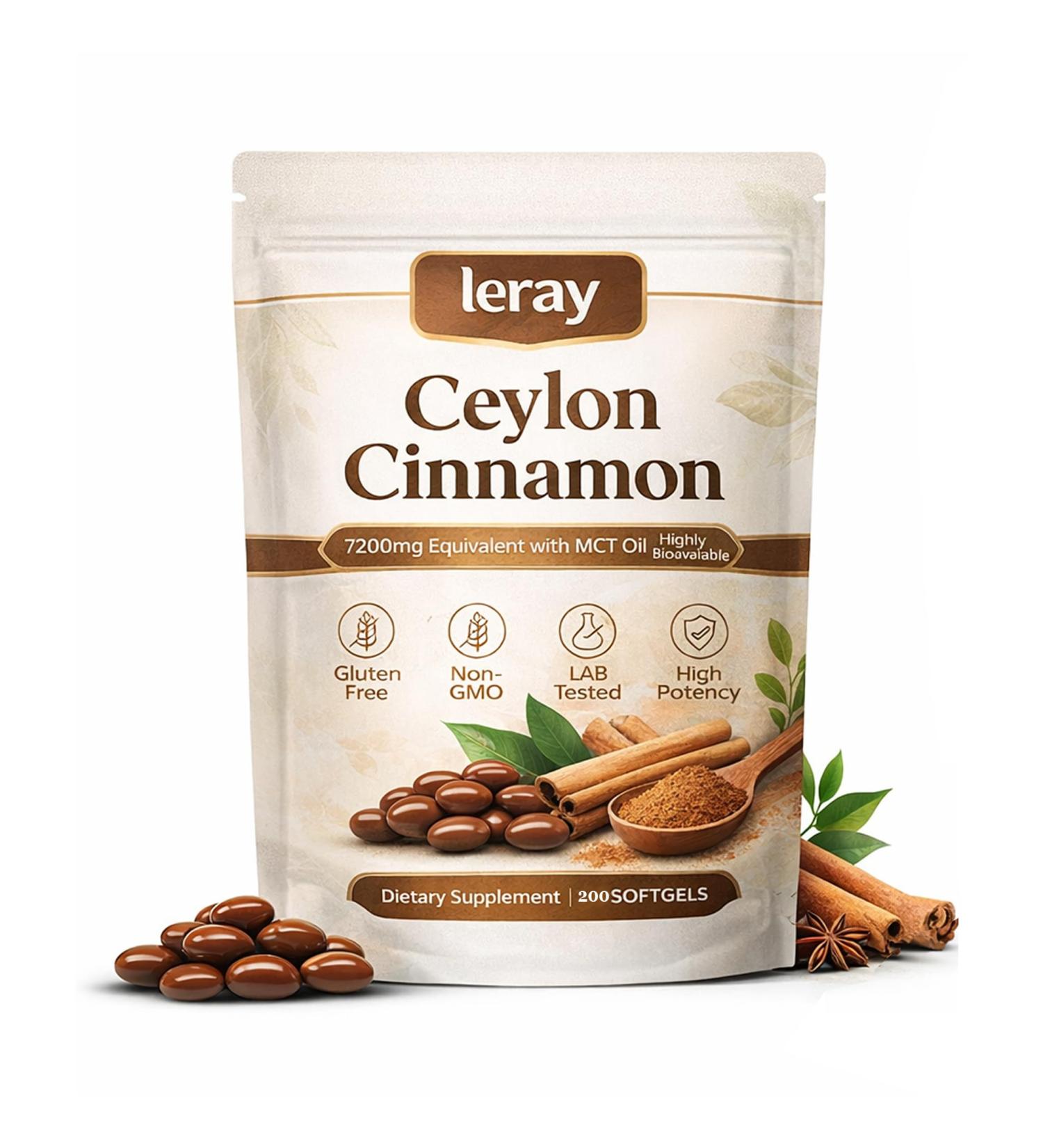 Juvein Leray Ceylon Cinnamon 7 200mg Equivalent | with MCT Oil | Highly Bioavailable Herbal Extract | Extra Strength Cinnamon Supplements | Non-GMO Gluten Free | 200 Softgels
