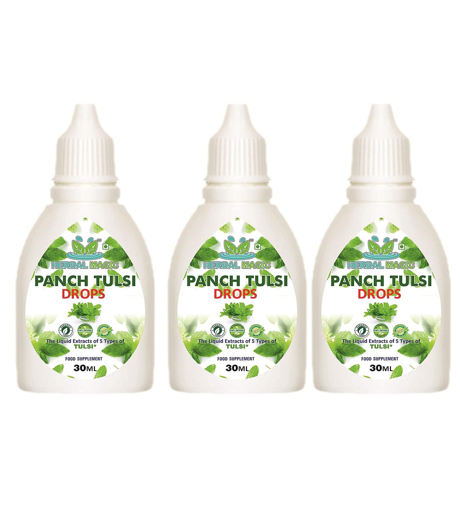 Herbal Magic's Pure and Natural Panch Tulsi Drops-Extract of Five Types of Holy Basil - Shyam Tulsi Shwet Sursa Tulsi Nimbu Tulsi Van Tulsi-Most Revered in Ayurveda-Liquid/Drops 30ml (Pack of 3) 30.00 ml (Pack of 3) - Buy Online on GoSupps.com