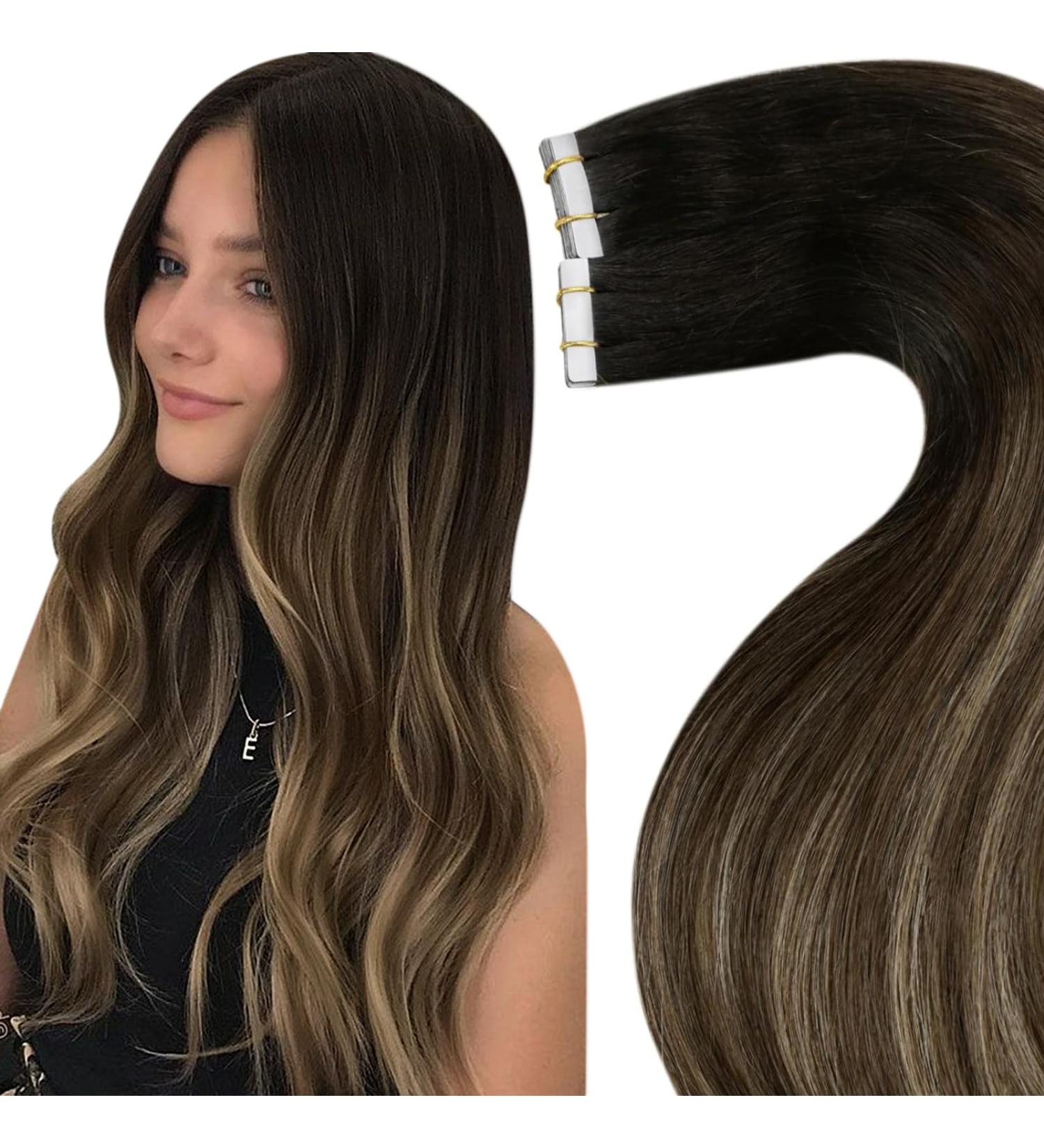 Shop Laavoo Real Hair Tape In Balayage Extensions - Seamless Remy Ombre Black to Brown with Caramel Blonde - 55cm 10pcs - Buy Online on GoSupps.com